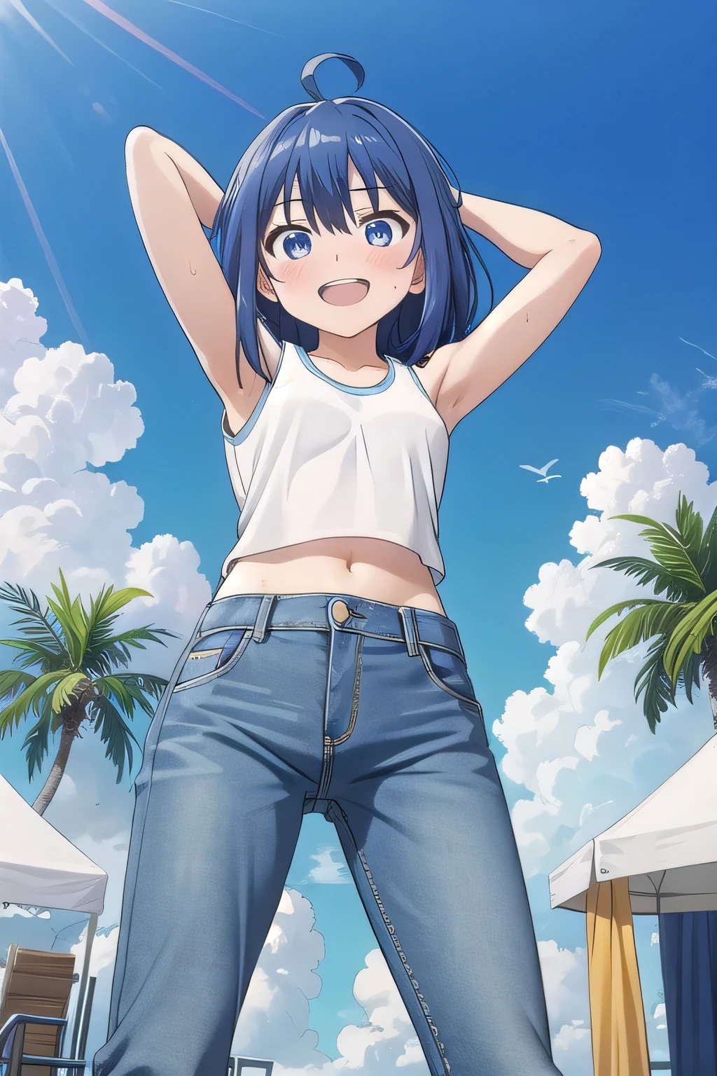 masterpiece,best quality,ultra detail, ((Perfect Face, Perfect Arms, Perfect hands, Perfect Fingers)), 1girl, , peti ((round face, ecstasy, orgasm face, drooping eyes, shame smiling, blush)), dropping eyes, sleepy, background((under the beach, (day:1.2), palm tree, bright sky)), Yanami anna, ahoge,medium hair,blue hair,sidelocks,blunt bangs,blue eyes, hair between eyes,parted bangs, blue eyes, arms behind head, contrapposto, spread armpits, looking at viewer,, (white tank top:1.2), (white crop top:1.2), (jeans pants:1.2, flares jeans:1.2, skinny jeans:1.2, blue jeans:1.2), standing, (legs spread:1.2), sex pose, Sweaty crotch, Steam from the crotch, from below, full medium body