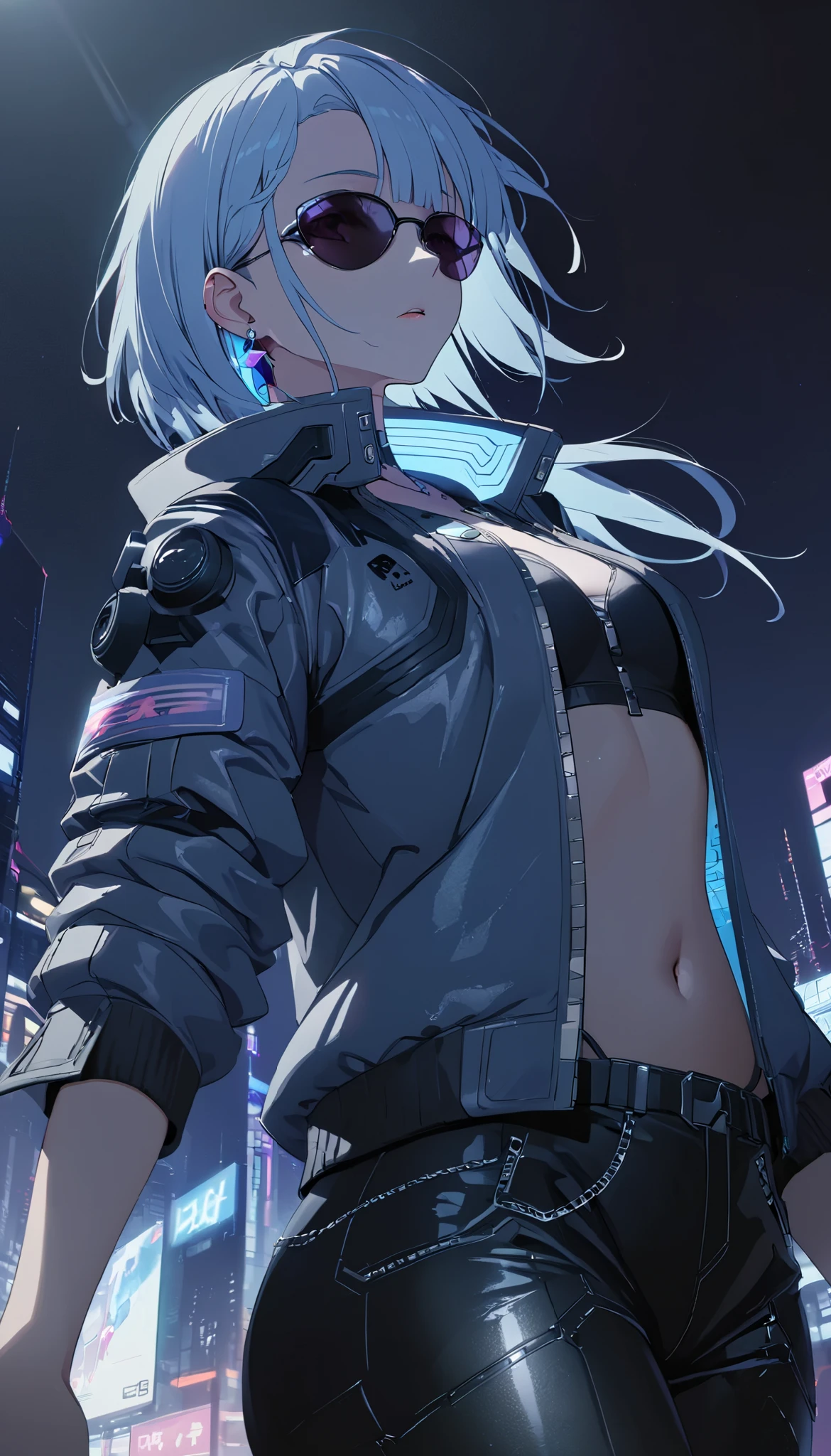 (((Best quality, 8k, Masterpiece: 1.3)), ((best quality)), ((masterpiece)), (detailed), perfect face, cyberpunk, jacket, leather pants, cybercity, night, light blue hair, sunglasses, crystal earrings, Futurism, cinematic lighting, ray tracing, backlighting