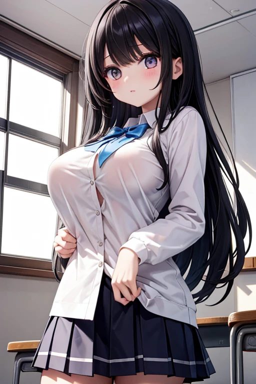 (1girl:1.3), Masterpiece, Best quality, amazing beauty, 4K, absurdres, finely detail, super detailed eye, perfect anatomy, official art, cinematic lighting, BREAK, school, silky long hair, black hair, embarrassed, blush, BREAK , big breasts, white skin, sitting chair, BREAK , (school uniform:1.2), BREAK,()