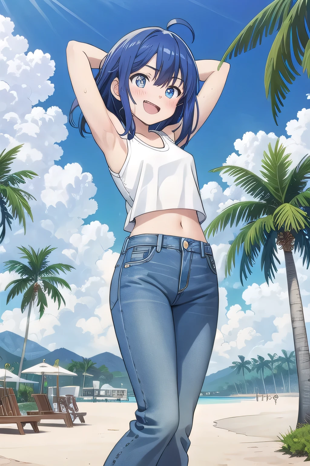 masterpiece,best quality,ultra detail, ((Perfect Face, Perfect Arms, Perfect hands, Perfect Fingers)), 1girl, 14yo, petite, ((round face, ecstasy, orgasm face, drooping eyes, shame smiling, blush)), dropping eyes, sleepy, background((under the beach, (day:1.2), palm tree, bright sky)), Yanami anna, ahoge,medium hair,blue hair,sidelocks,blunt bangs,blue eyes, hair between eyes,parted bangs, blue eyes, arms behind head, contrapposto, spread armpits, looking at viewer,, (white tank top:1.2), (white crop top:1.2), (jeans pants:1.2, flares jeans:1.2, skinny jeans:1.2, blue jeans:1.2), standing, (legs spread:1.2), sex pose, Sweaty crotch, Steam from the crotch, from below, full medium body