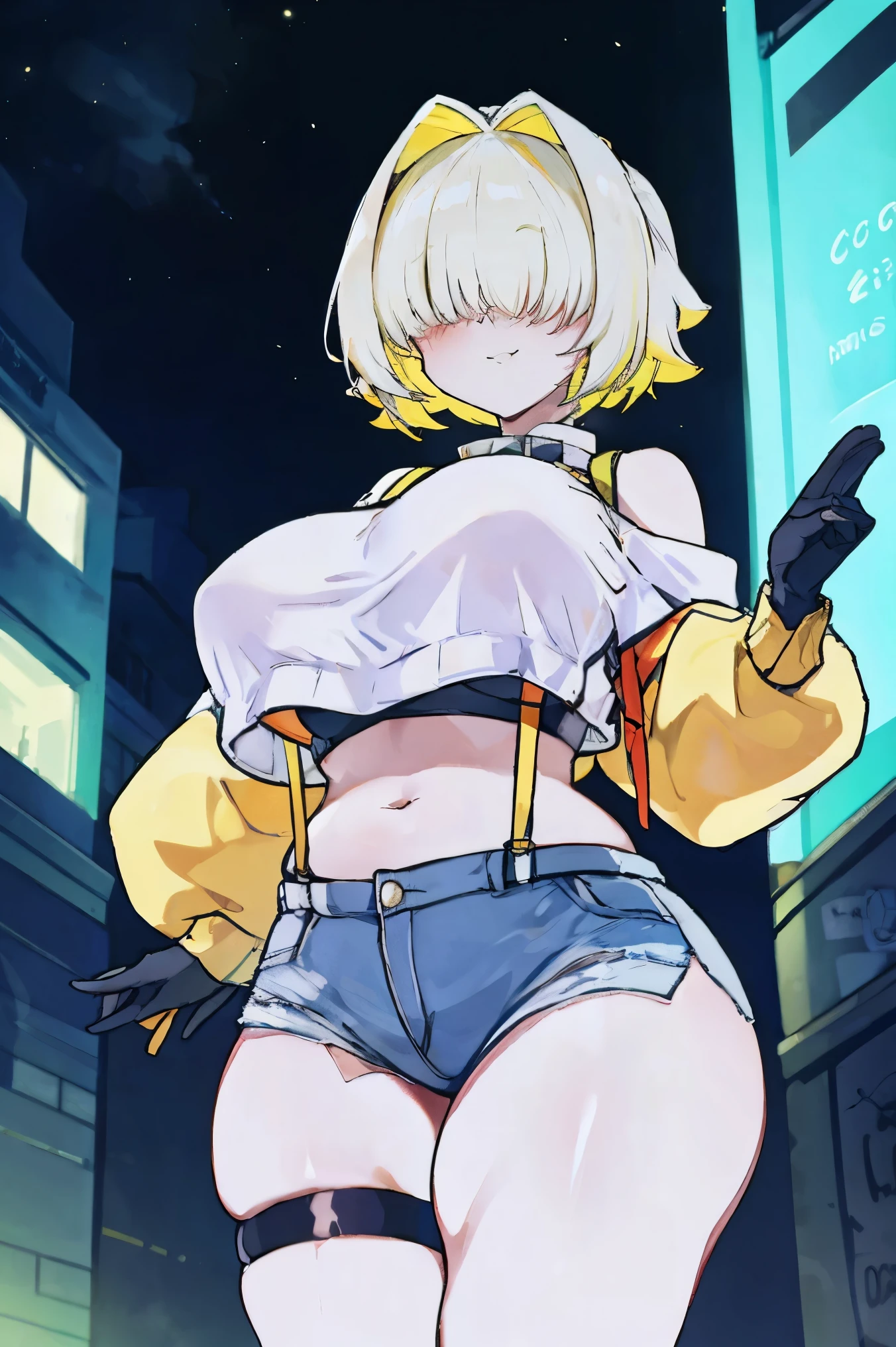 score_9, score_8_up, score_7_up, source_anime BREAK 1girl, solo, elegg, short hair, bangs, hair intakes, multicolored hair, hair over eyes, crop top, bare shoulders, long sleeves, suspenders, midriff, navel, short shorts, thigh strap, multicolored_gloves, large breasts, looking at viewer, thick thighs, plump, standing, smug, waving
,future_city_background,night,under_breasts,lighting,