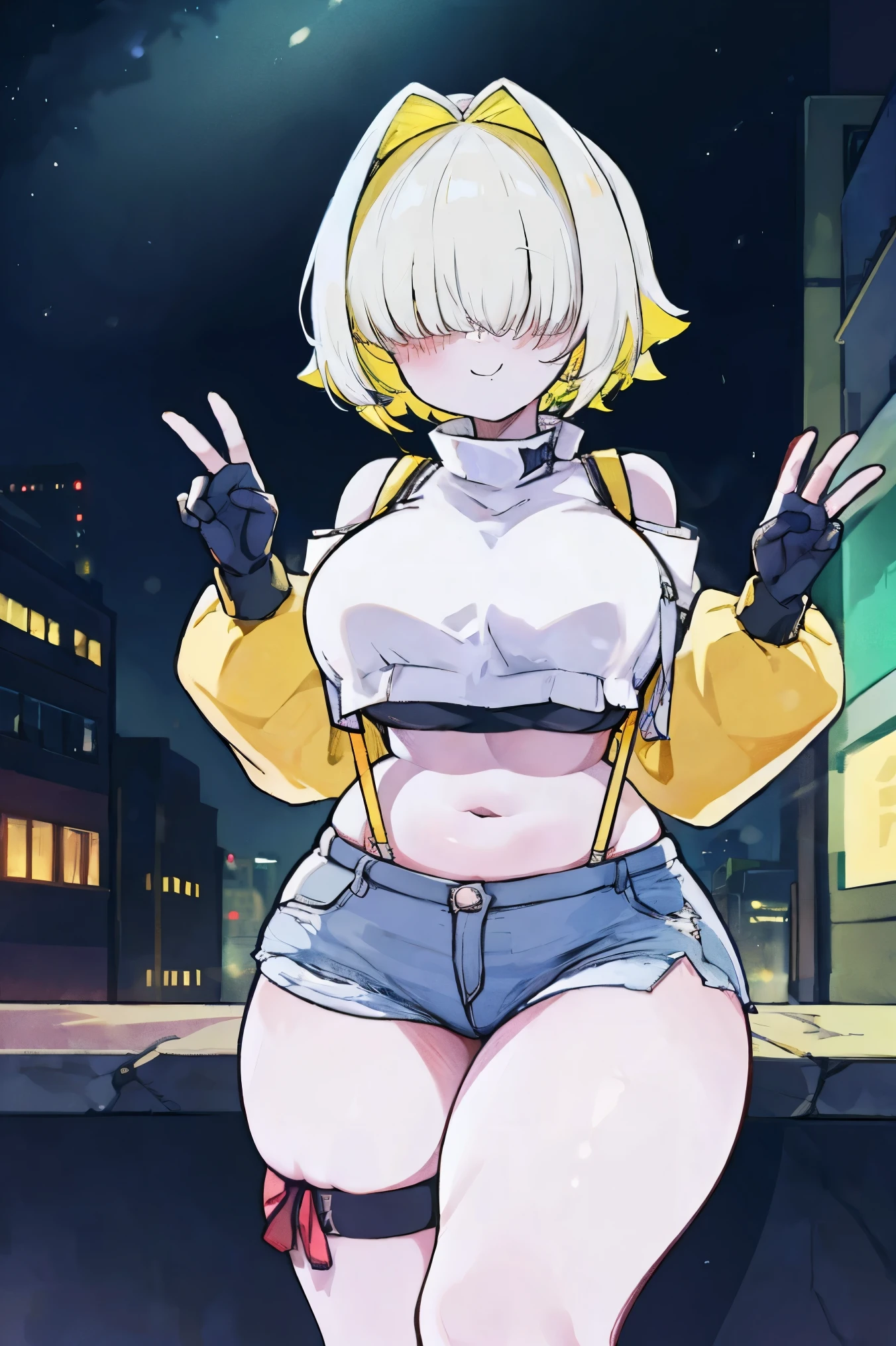 score_9, score_8_up, score_7_up, source_anime BREAK 1girl, solo, elegg, short hair, bangs, hair intakes, multicolored hair, hair over eyes, crop top, bare shoulders, long sleeves, suspenders, midriff, navel, short shorts, thigh strap, multicolored_gloves, large breasts, looking at viewer, thick thighs, plump, standing, smug, waving
,future_city_background,night,under_breasts,lighting,