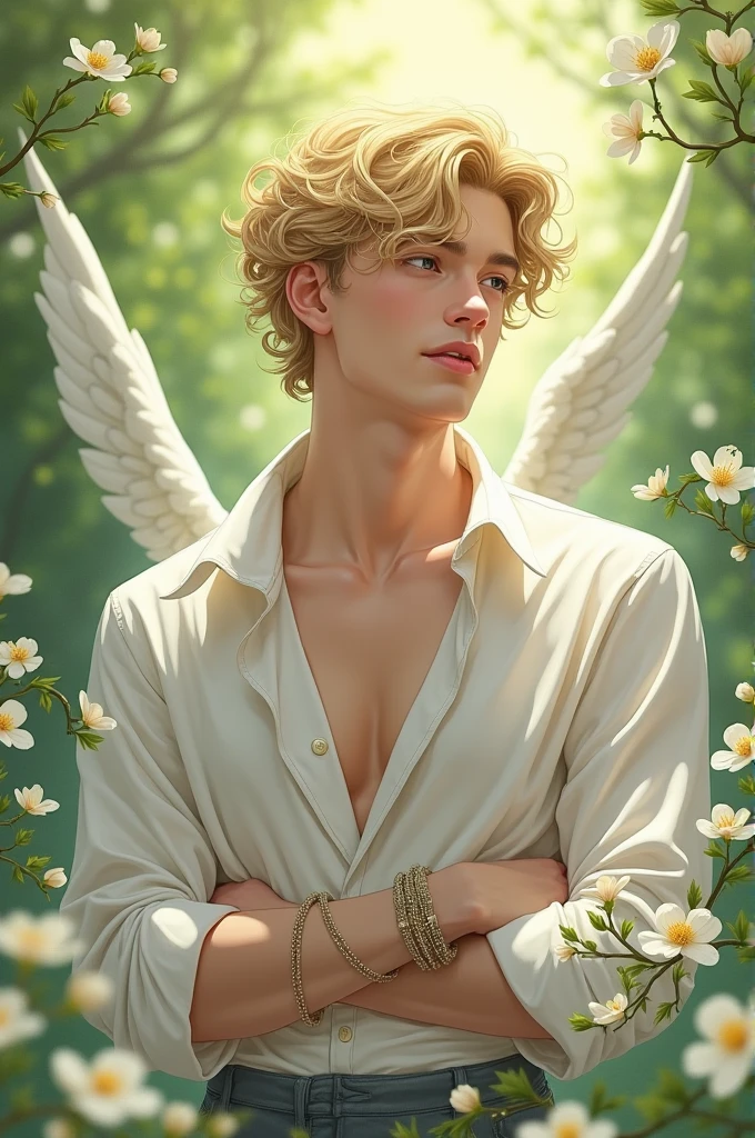 A very attractive angel man, rubio, tanned skin and muscular, but thin. He becomes a human gardener and businessman. He is younger, he is about 2
