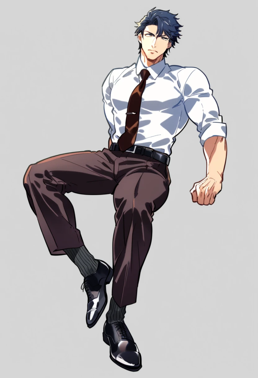 male focus, muscled male, solo, ikemen, mature, male only, tough man, bold, eyes fix, flat chest, sturdy waist, 50 years old, split toe crocodile blucher shoes, collared shirt, tie, three piece suit, belt, slacks, tight clothes, whole body, sitting, invisible chair,  looking at viewer, (white background, simple background:1.5), masterpiece, best quality, mta, showing his socked foot, long tube calf black fancy socks, dominating male pose:2, muscle, long shot 