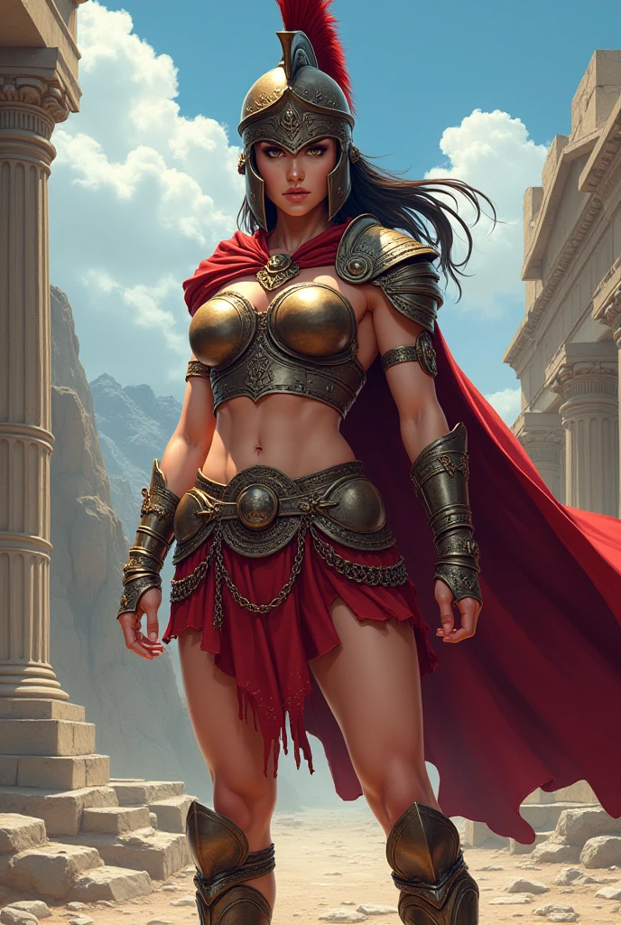 Beautiful alluring Spartan warrior woman, oiled skin, toned muscular toned body, bare chest, erect nipples, Pubic hair, metal armor bikini, Ancient Greek ornaments and clothing, spear and shield in hands, In a Spartan helmet, on the sunlit side of a country road, Fantasy Theme Fiverr Dnd Character, Octane render, digital art, Extreme detail, 4k, ultra HD, polished, Beautiful, hyper-detailed, difficult, Develop, meticulous, photorealistic, sharp focus, VLP, Character design, Unreal engine, 3d rendering, volumetric lighting, reflections, glossy, digital illustration, sensual pose, Suggestive pose, obscene, Full body shot, Anatomically correct 💖❤💕💋❣