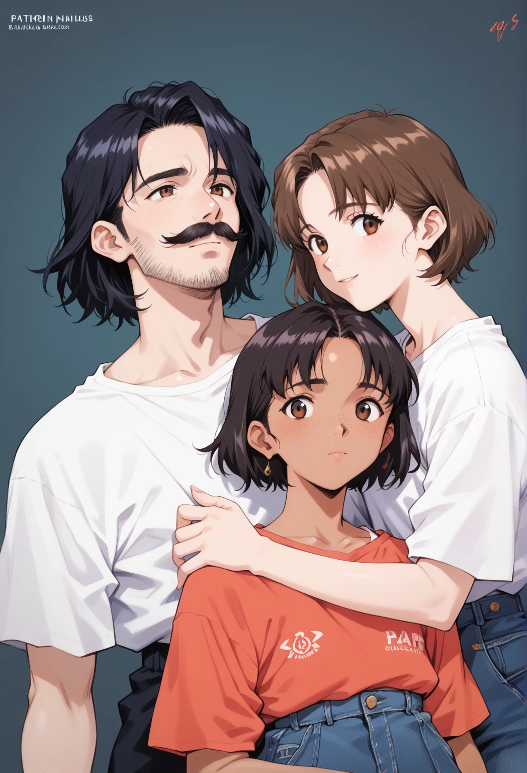 two people in love 1. girl with tanned skin, thin eyebrows, dark purple straight medium length hair, brown eyes, no tattoos, and very little freckles 2. boy with pale skin, beard and moustache, brown wavy/straight short hair, using a long sleeve shirt