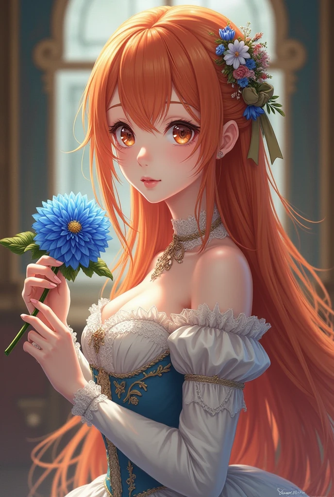 generate an Anime beautiful woman wearing an elegant dress from the Victorian era with orange long hair holding up a blue flower, full picture