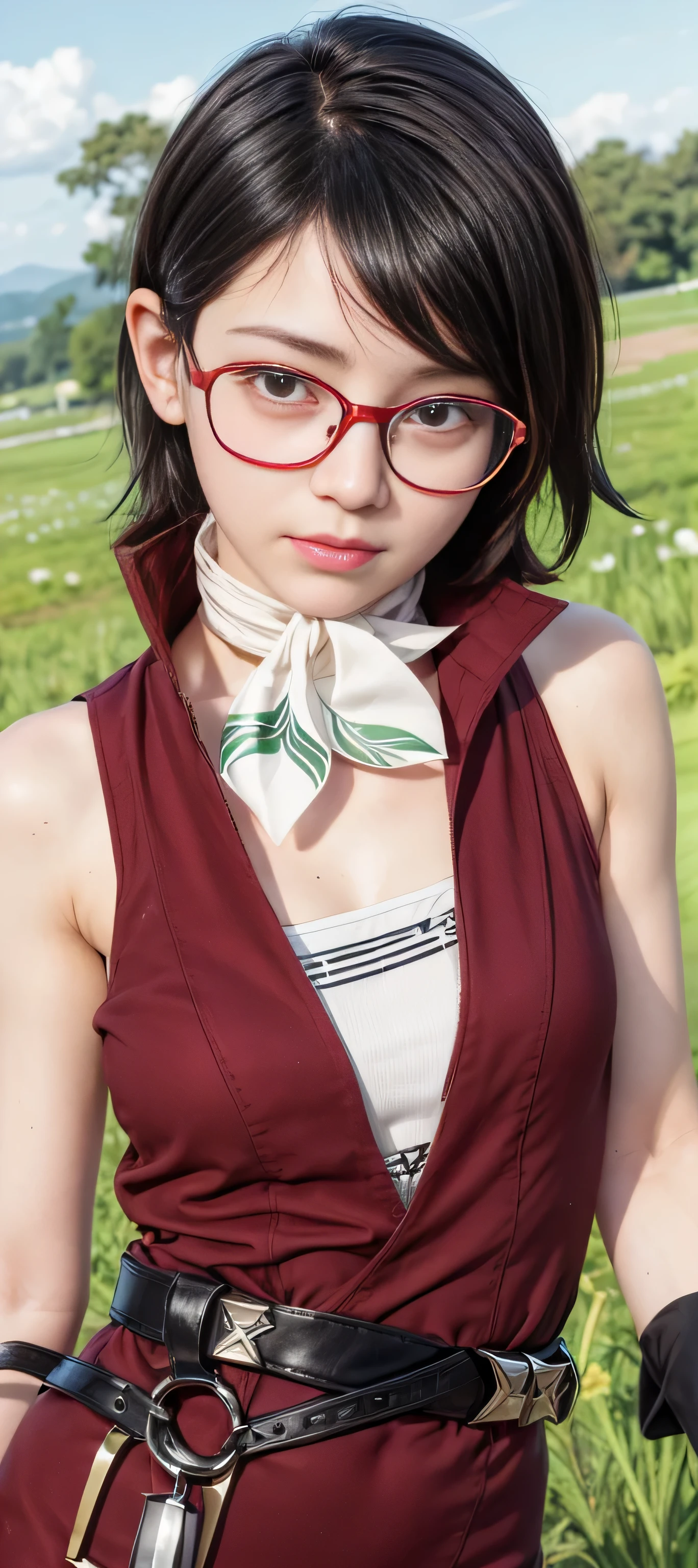 masterpiece, best quality, (realistic,photo-realistic:1.4), (RAW photo:1.2), extremely detailed CG unity 8k wallpaper, delicate and beautiful, amazing,finely detail, official art, absurdres, incredibly absurdres, huge filesize, ultra-detailed,extremely detailed eyes and face,light on face,little smile,black hairshort hair,river,(wearing lingerie:1.4),(wearing red framed glasses:1.3)
