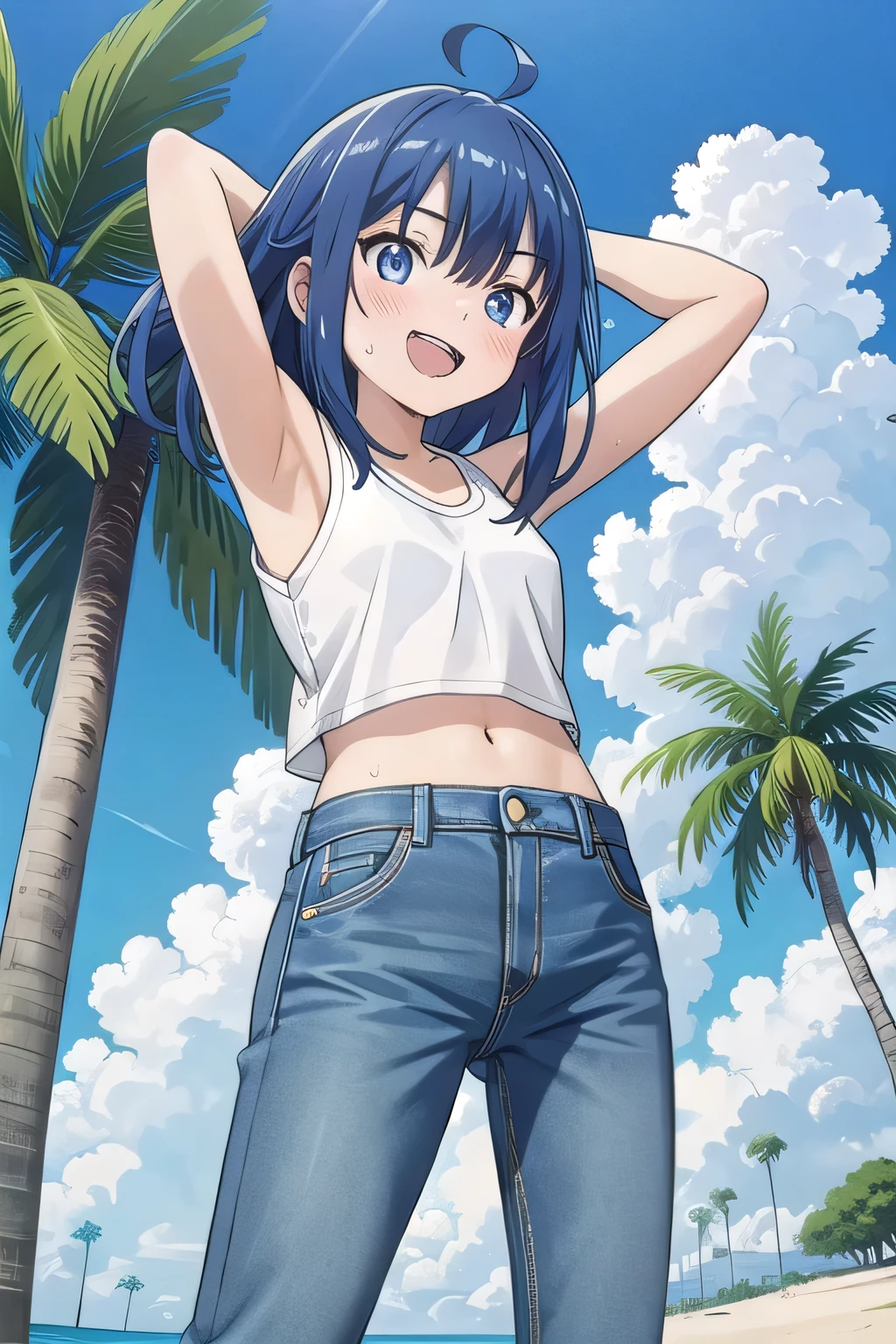 masterpiece,best quality,ultra detail, ((Perfect Face, Perfect Arms, Perfect hands, Perfect Fingers)), 1girl, , peti ((round face, ecstasy, orgasm face, drooping eyes, shame smiling, blush)), dropping eyes, sleepy, background((under the beach, (day:1.2), palm tree, bright sky)), Yanami anna, ahoge,medium hair,blue hair,sidelocks,blunt bangs,blue eyes, hair between eyes,parted bangs, blue eyes, arms behind head, contrapposto, spread armpits, looking at viewer,, (white tank top:1.2), (white crop top:1.2), (jeans pants:1.2, flares jeans:1.2, skinny jeans:1.2, blue jeans:1.2), standing, (legs spread:1.2), sex pose, Sweaty crotch, Steam from the crotch, from below, full medium body