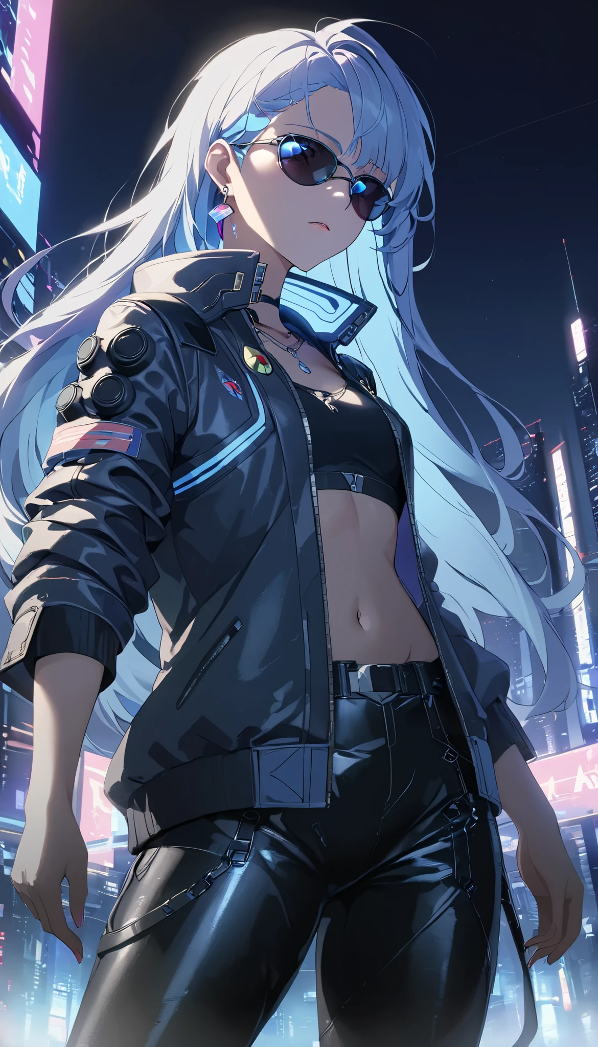 (((Best quality, 8k, Masterpiece: 1.3)), ((best quality)), ((masterpiece)), (detailed), perfect face, cyberpunk, jacket, leather pants, cybercity, night, light blue hair, sunglasses, crystal earrings, Futurism, cinematic lighting, ray tracing, backlighting, very long hair, crystal hair, expressive hair