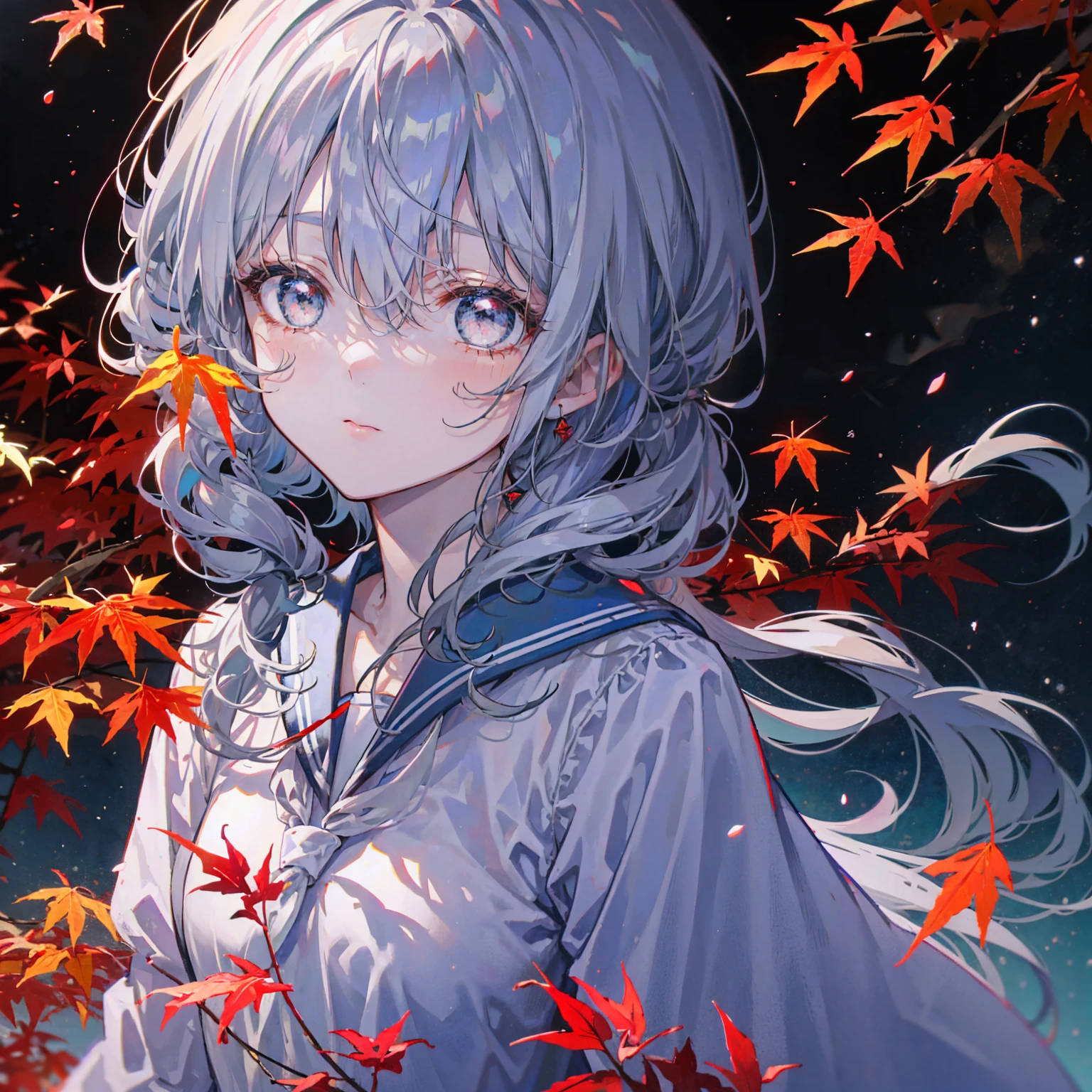 A girl with smoky gray gyaru-style hair tied up stands looking at the mysterious bright blue moon, wearing a cool sailor outfit with maple red pattern, surrounded by a forest of bright red maple leaves at night, magical, colorful, many clear details, unique style.