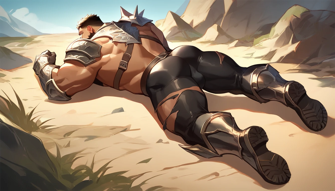 score_9, score_8_up, score_7_up, solo, male focus, muscle male, young , Human , tan skin , beard, , micro armor , shoulder armor , outdoors , day , (( massive damaged black tight )) , full body , armor boots , laying , backside , back side