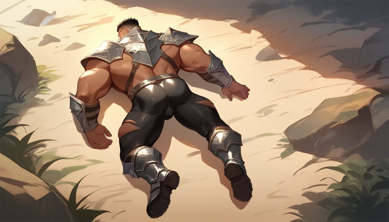 score_9, score_8_up, score_7_up, solo, male focus, muscle male, young , Human , tan skin , beard, , micro armor , shoulder armor , outdoors , day , (( massive damaged black tight )) , full body , armor boots , laying , backside , back side