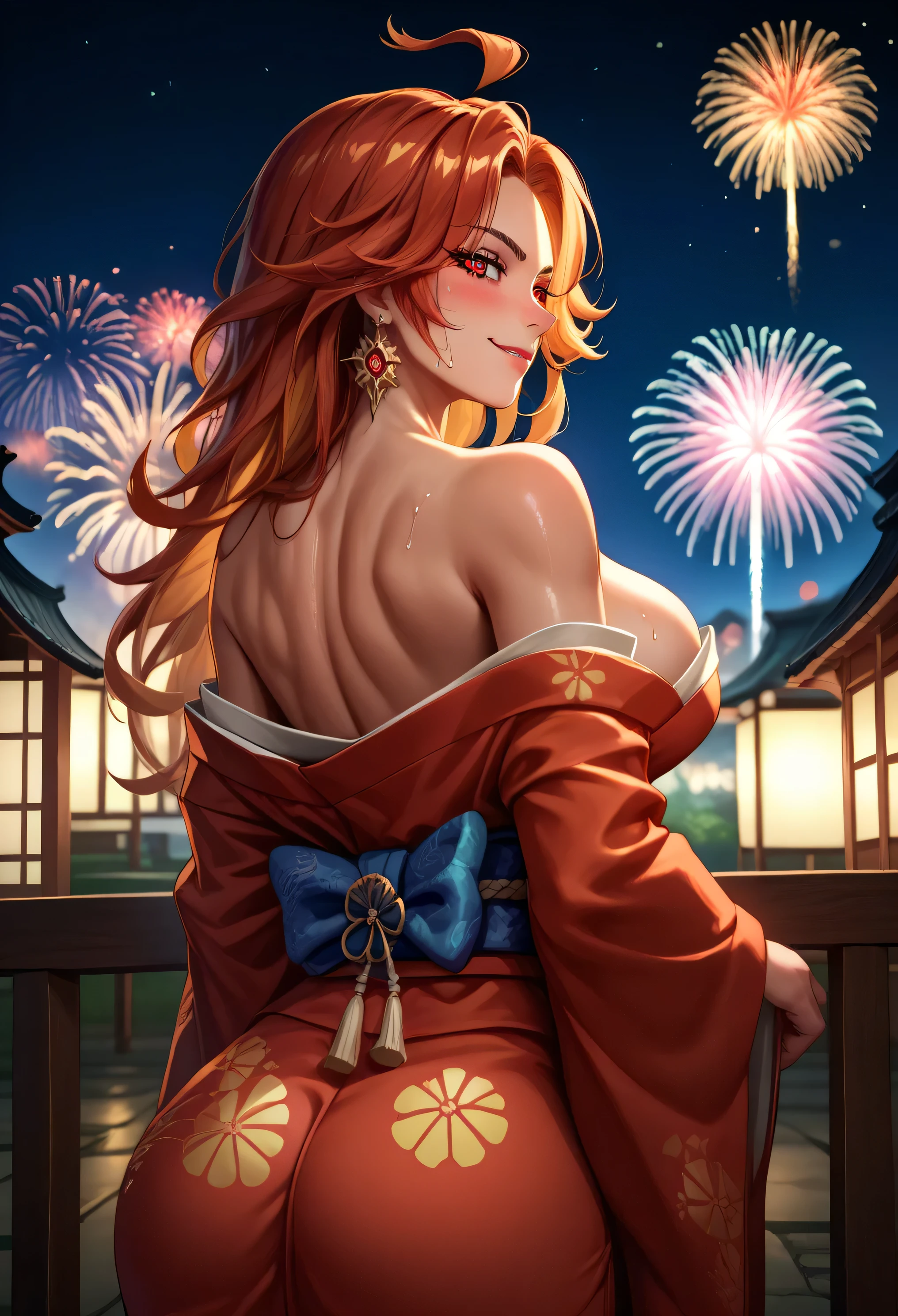 score_9, score_8_up, score_7_up, detailed, mavuika, symbol-shaped pupils, ahoge, red eyes, large breasts, earrings,  long hair, looking back, from behind, off-shoulder kimono, smirk, blush, bare shoulders, rimlight, night, japanese clothes, fireworks, depth of field, sweat, impossible clothes, arms at sides,