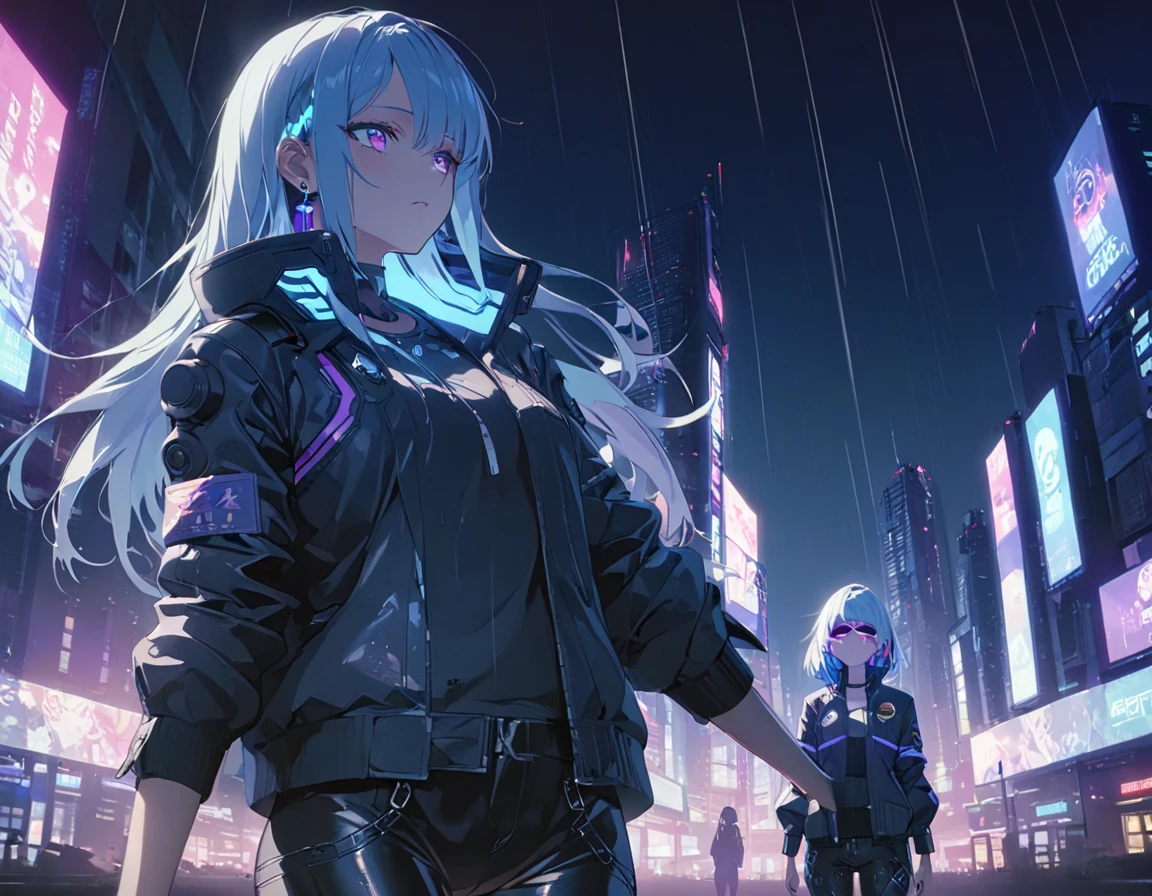 (((Best quality, 8k, Masterpiece: 1.3)), ((best quality)), ((masterpiece)), (detailed), perfect face, cyberpunk, jacket, leather pants, cybercity, night, light blue hair, sunglasses, crystal earrings, Futurism, cinematic lighting, ray tracing, backlighting, very long hair, crystal hair, expressive hair, acid rain, Air pollution