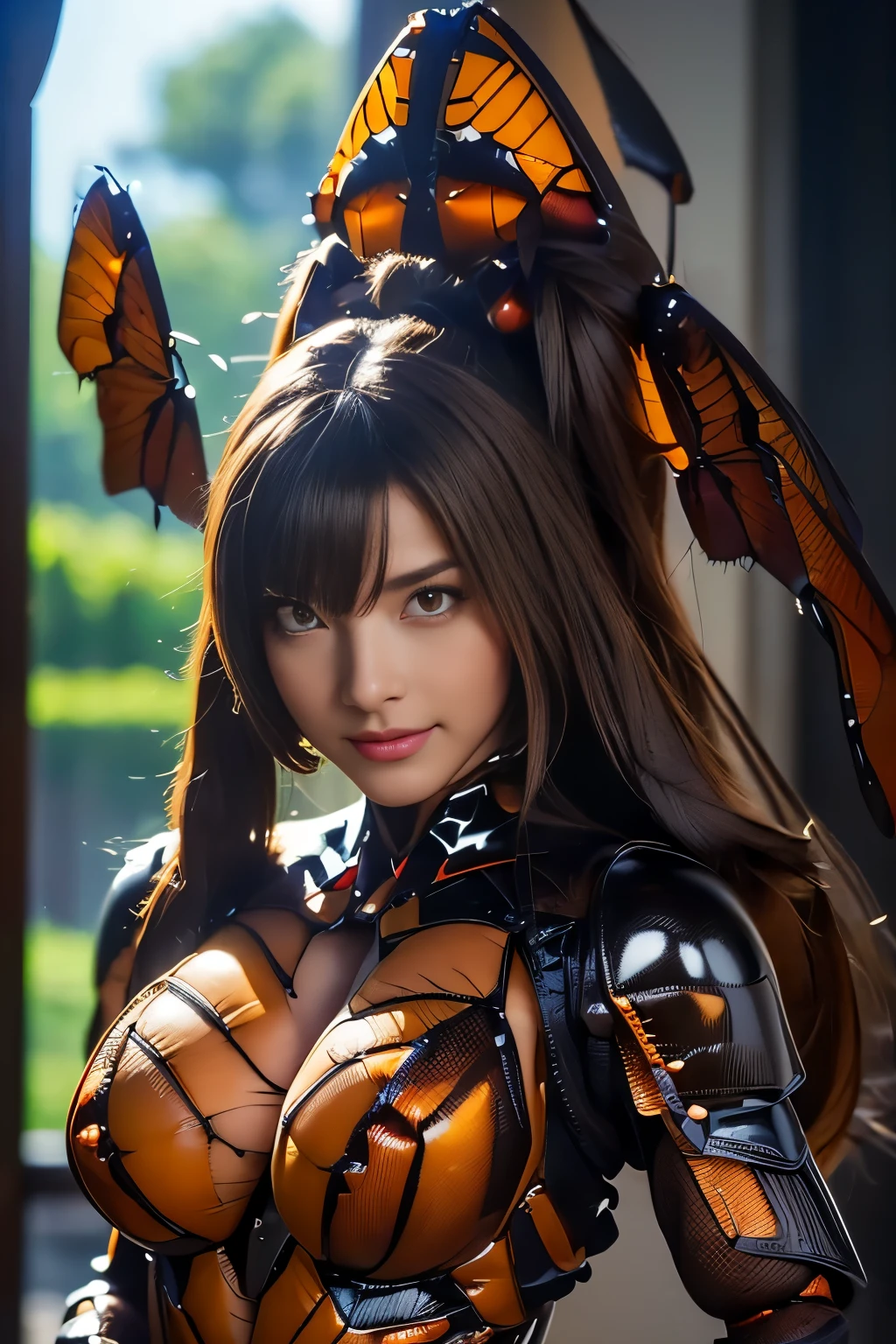 (high resolution,masterpiece,best quality,extremely detailed CG, anime, official art:1.4), realistic, photo, amazing fine details, all intricate, gloss and shiny,awesome many layers, 8k wall paper, 3d, sketch, kawaii, illustration,( solo:1.4), perfect female proportion,villainess, (fusion of dark brown cockroach and lady:1.4), (brown cockroach form lady:1.2), (brown cockroach lady:1.2), (fusion:1.2), (solo:1.4), (evil smile:1.2), muscular, abs, (cockroach brown exoskeleton bio insect suit:1.4), (cockroach brown exoskeleton bio insect armor:1.2), (brown transparency cockroach wing:1.4), (brown cockroach antennae:1.3),