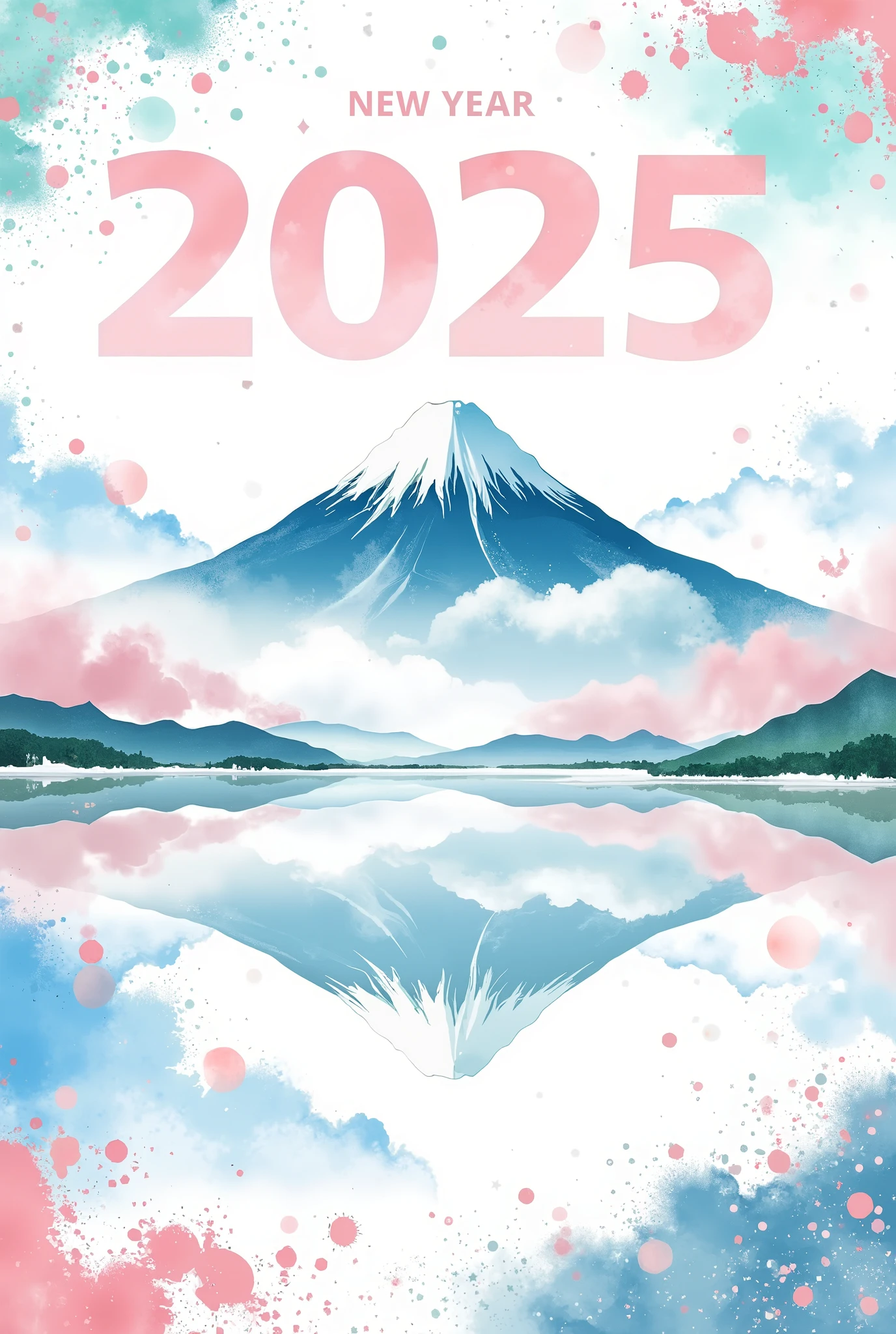 (masterpiece:1.2,EXCEPTIONAL QUALITY  ,Mirror Finish  ,  CINEMATIC EXPERIENCE  ,  best illustration:2.0),  ultra high definition ,  very detailed ,8k,16k, wallpaper,(  new year poster :2.0),(watercolor),( cute illustrations :2.0),("NEW YEAR 2025"Write the text of:2.0),( abstract and cute illustrations:2.0),( cute illustrations  of Mt. Fuji:2.0),(  minimalist:2.0),(  simple design  :2.0)