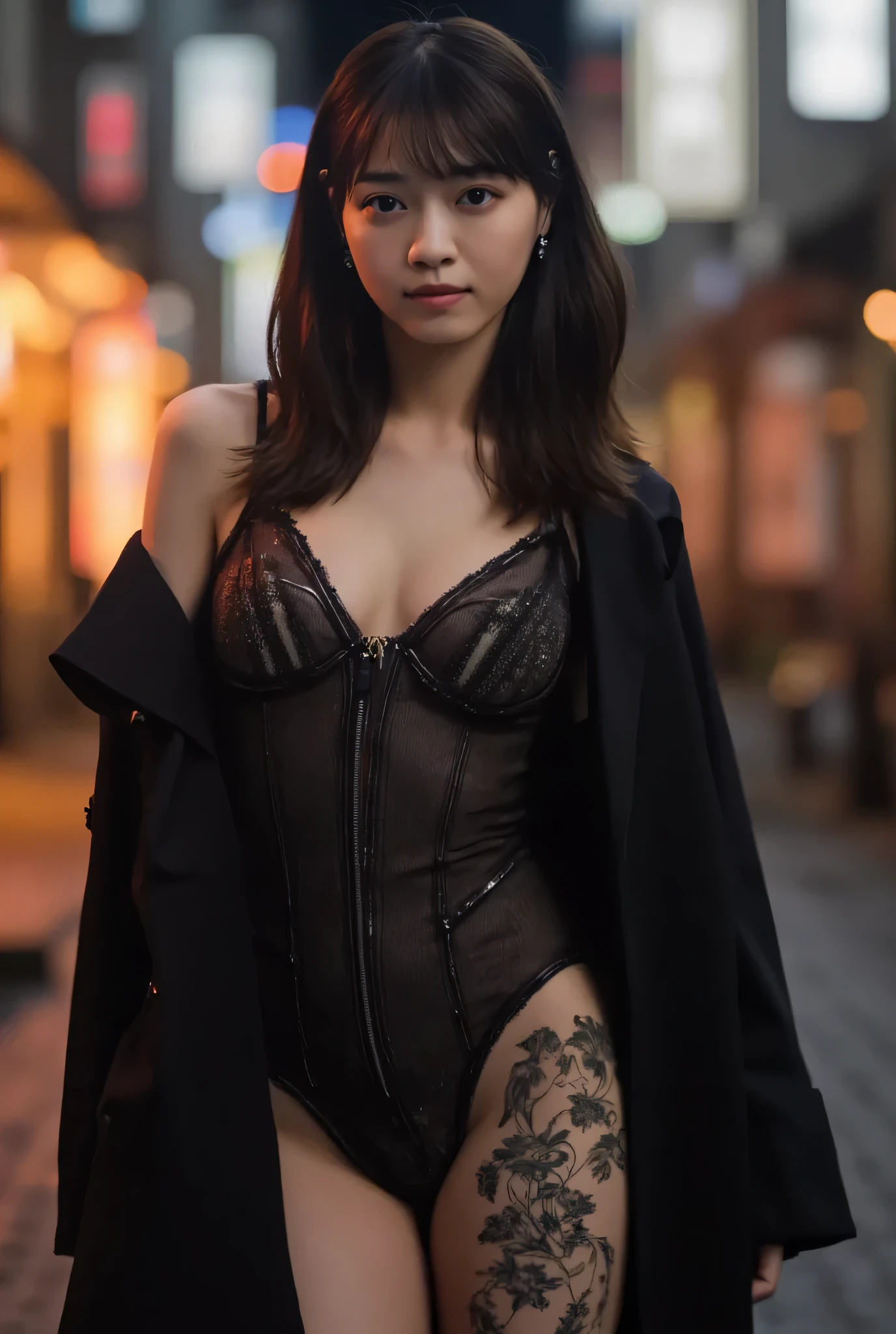 backlight dramatic photography, night scene in dark alley, old prostitute with very thin body, small breast wearing yellow flower sexy mini dress with lace ornament, smoking & stand in sidewalk of red district alley, red light source