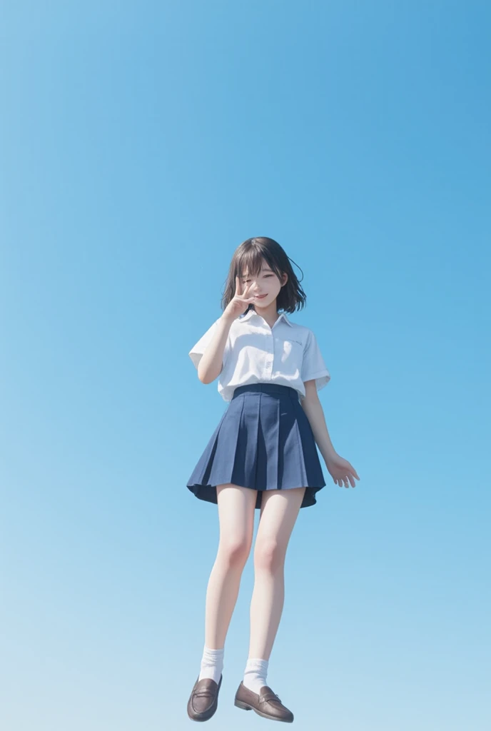 Keep your head down 、Short limbs、I&#39;m losing weight rapidly、 white collared buttoned shirt, 、Navy blue student-style skirt 、White short socks、Full body image of a happy girl wearing loafers and signing a peace sign in the blue sky。