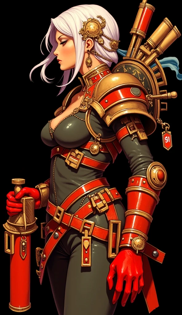 armor, shoulder armor, 1girl, pauldrons, long hair, power armor, white hair, score_9, score_8_up, score_7_up, score_6_up, score_5_up, score_4_up, BREAK, red, black background, red outline, looking at viewer, frills, cleavage,