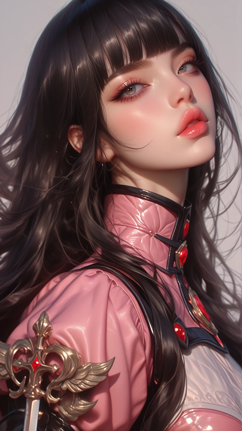 whole body、pink dress armor 、 Thick lips、depression、20 years old、woman、  black hair 、  red cheeks  、  pink lips、 long straight hair、Bob、hime cut、   simple background、whole body、 have swords、hair blowing in the wind、  solo shot with wide angle lens, 