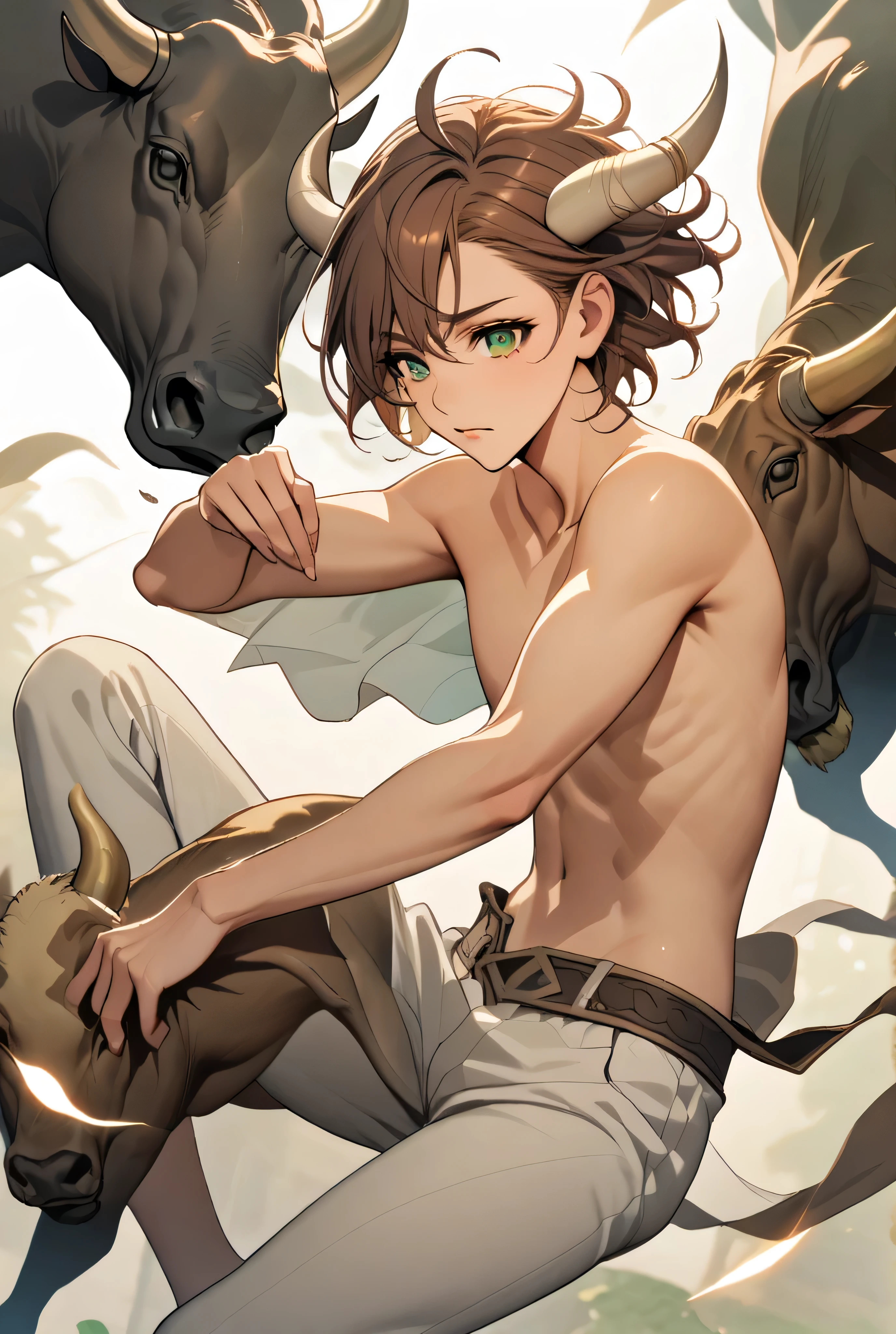 Shirtless floating   ,with white pants , brown hair ,  green eyes with a cropped and cuddly bull horn.