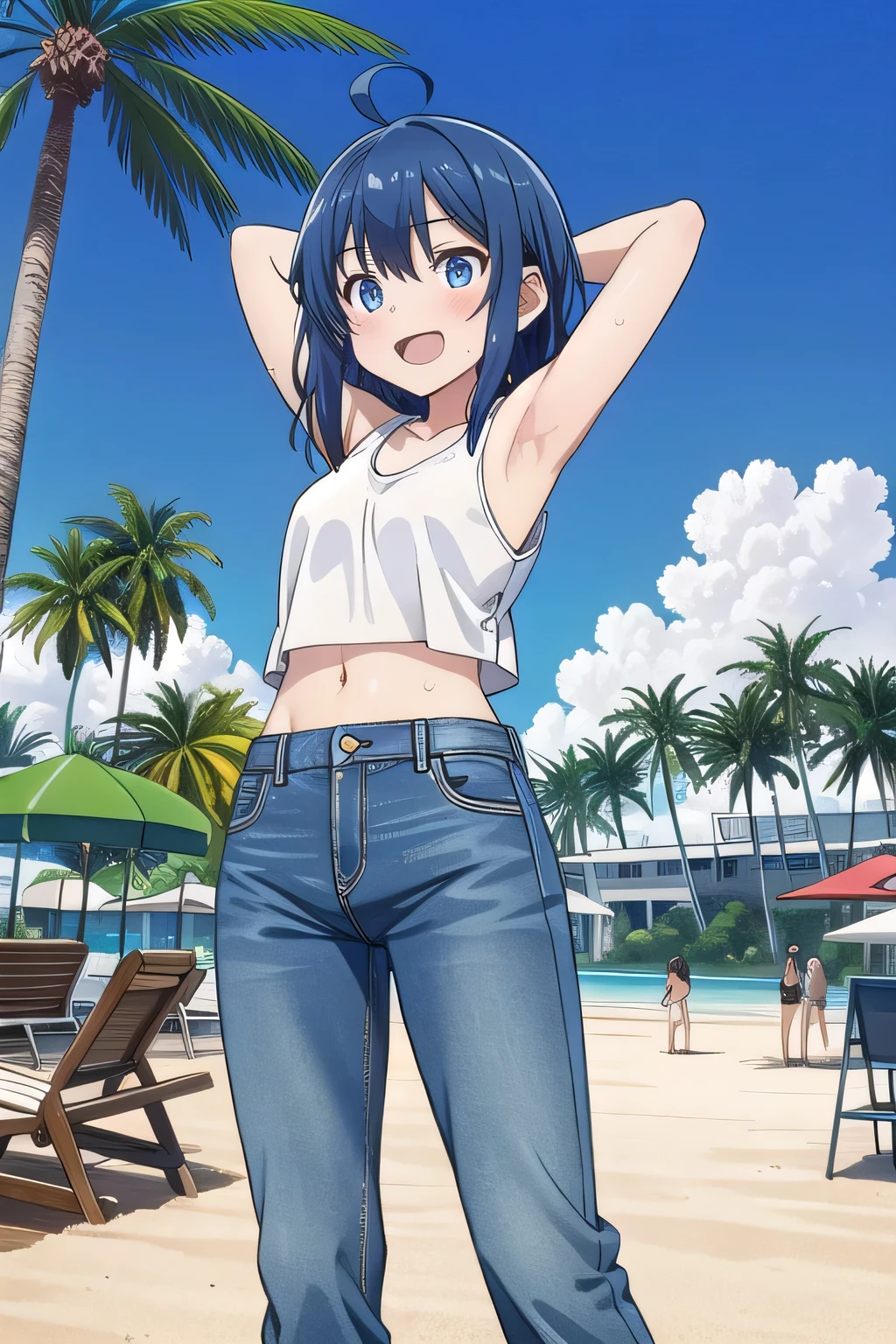 masterpiece,best quality,ultra detail, ((Perfect Face, Perfect Arms, Perfect hands, Perfect Fingers)), 1girl, , peti ((round face, ecstasy, orgasm face, drooping eyes, shame smiling, blush)), dropping eyes, sleepy, background((under the beach, (day:1.2), palm tree, bright sky)), Yanami anna, ahoge,medium hair,blue hair,sidelocks,blunt bangs,blue eyes, hair between eyes,parted bangs, blue eyes, arms behind head, contrapposto, spread armpits, looking at viewer,, (white tank top:1.2), (white crop top:1.2), (jeans pants:1.2, flares jeans:1.2, skinny jeans:1.2, blue jeans:1.2), standing, (legs spread:1.2), sex pose, Sweaty crotch, Steam from the crotch, from below, full medium body