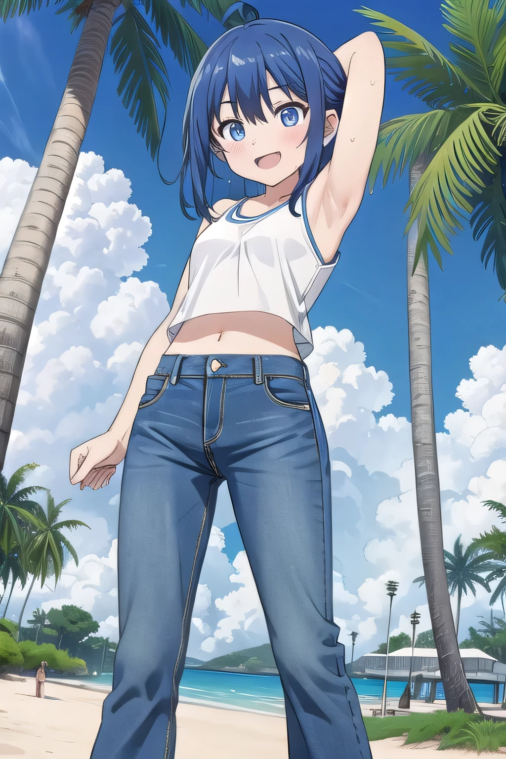 masterpiece,best quality,ultra detail, ((Perfect Face, Perfect Arms, Perfect hands, Perfect Fingers)), 1girl, , peti ((round face, ecstasy, orgasm face, drooping eyes, shame smiling, blush)), dropping eyes, sleepy, background((under the beach, (day:1.2), palm tree, bright sky)), Yanami anna, ahoge,medium hair,blue hair,sidelocks,blunt bangs,blue eyes, hair between eyes,parted bangs, blue eyes, arms behind head, contrapposto, spread armpits, looking at viewer,, (white tank top:1.2), (white crop top:1.2), (jeans pants:1.2, flares jeans:1.2, skinny jeans:1.2, blue jeans:1.2), standing, (legs spread:1.2), sex pose, Sweaty crotch, Steam from the crotch, from below, full medium body