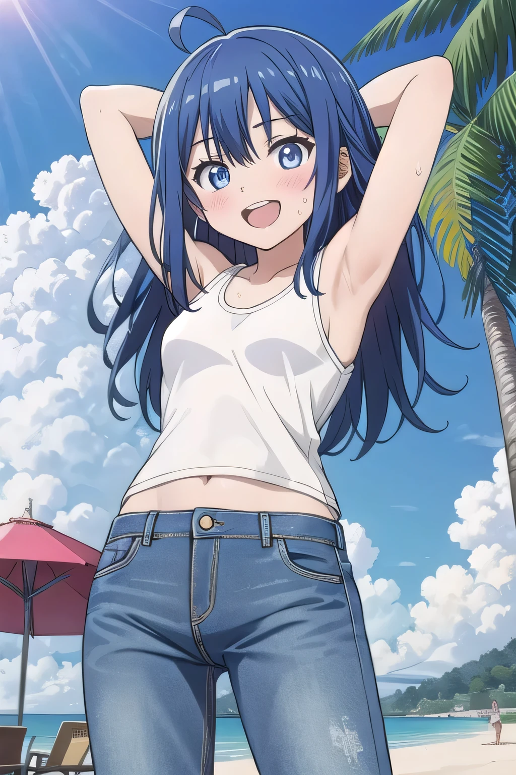masterpiece,best quality,ultra detail, ((Perfect Face, Perfect Arms, Perfect hands, Perfect Fingers)), 1girl, , peti ((round face, ecstasy, orgasm face, drooping eyes, shame smiling, blush)), dropping eyes, sleepy, background((under the beach, (day:1.2), palm tree, bright sky)), Yanami anna, ahoge,medium hair,blue hair,sidelocks,blunt bangs,blue eyes, hair between eyes,parted bangs, blue eyes, arms behind head, contrapposto, spread armpits, looking at viewer,, (white tank top:1.2), (white crop top:1.2), (jeans pants:1.2, flares jeans:1.2, skinny jeans:1.2, blue jeans:1.2), standing, (legs spread:1.2), sex pose, Sweaty crotch, Steam from the crotch, from below, full medium body