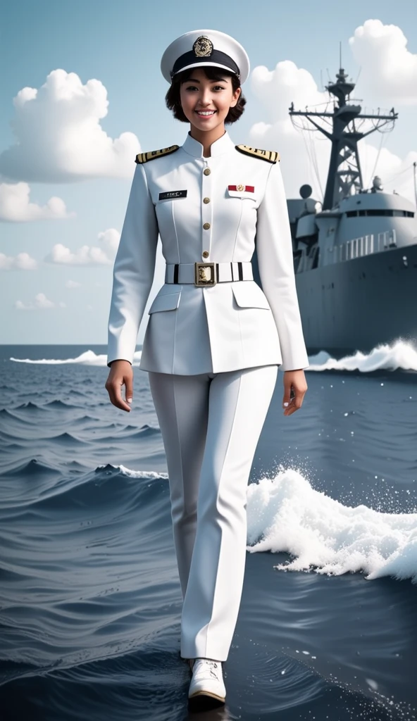 A 3D ultra-realistic portrait of a beautiful Bangladeshi woman in her early 20s, dressed in the formal military uniform of the Bangladesh Navy. She exudes confidence and elegance, with a bright smile as she walks proudly on the deck of a naval warship. Her uniform is well-fitted and represents the pride of her nation. The background shows the impressive warship cutting through the waves of the sea, with the horizon in the distance, emphasizing the setting of a powerful naval force in action.