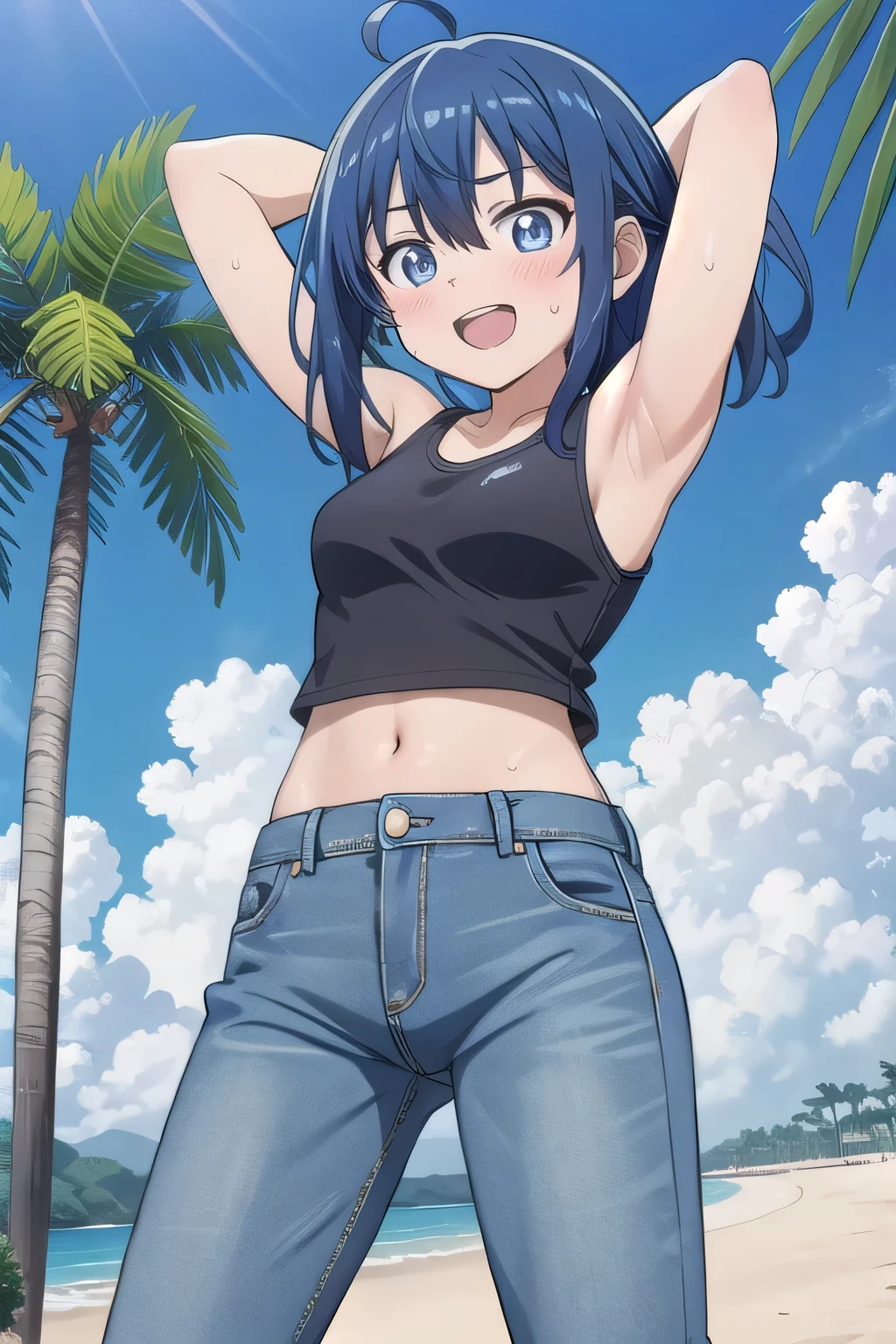 masterpiece,best quality,ultra detail, ((Perfect Face, Perfect Arms, Perfect hands, Perfect Fingers)), 1girl, , peti ((round face, ecstasy, orgasm face, drooping eyes, shame smiling, blush)), dropping eyes, sleepy, background((under the beach, (day:1.2), palm tree, bright sky)), Yanami anna, ahoge,medium hair,blue hair,sidelocks,blunt bangs,blue eyes, hair between eyes,parted bangs, blue eyes, arms behind head, contrapposto, spread armpits, looking at viewer,, (white tank top:1.2), (white crop top:1.2), (jeans pants:1.2, flares jeans:1.2, skinny jeans:1.2, blue jeans:1.2), standing, (legs spread:1.2), sex pose, Sweaty crotch, Steam from the crotch, from below, full medium body