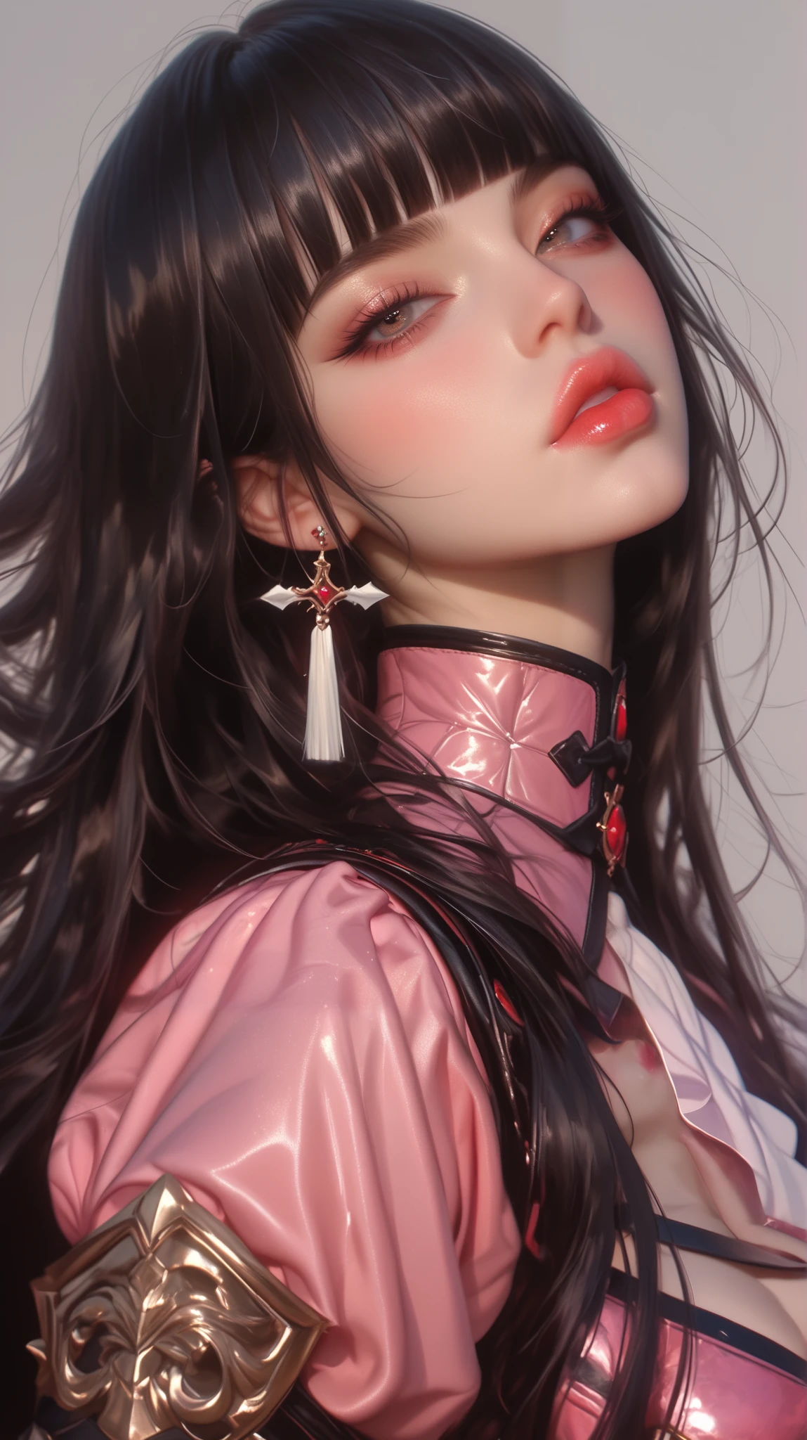 whole body、pink dress armor 、 Thick lips、depression、20 years old、woman、  black hair 、  red cheeks  、  pink lips、 long straight hair、Bob、hime cut、   simple background、whole body、 have swords、hair blowing in the wind、  solo shot with wide angle lens, 