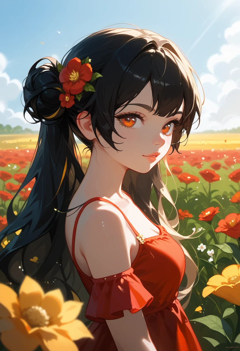 1girl, solo, close up, girl, black hair, streaked yellow hair, long hair, orange eyes, red dress, standing in a vibrant field of poppies, her dress made entirely of delicate red poppy petals, blending seamlessly with the flowers around her, golden sunlight from the setting sun casting a warm glow, soft shadows stretching across the field, her hair gently tousled by a breeze, the horizon ablaze with orange and pink hues, an ethereal and tranquil atmosphere,
, admirant l'horizon . Paysage dans les couleurs vertes Nature .