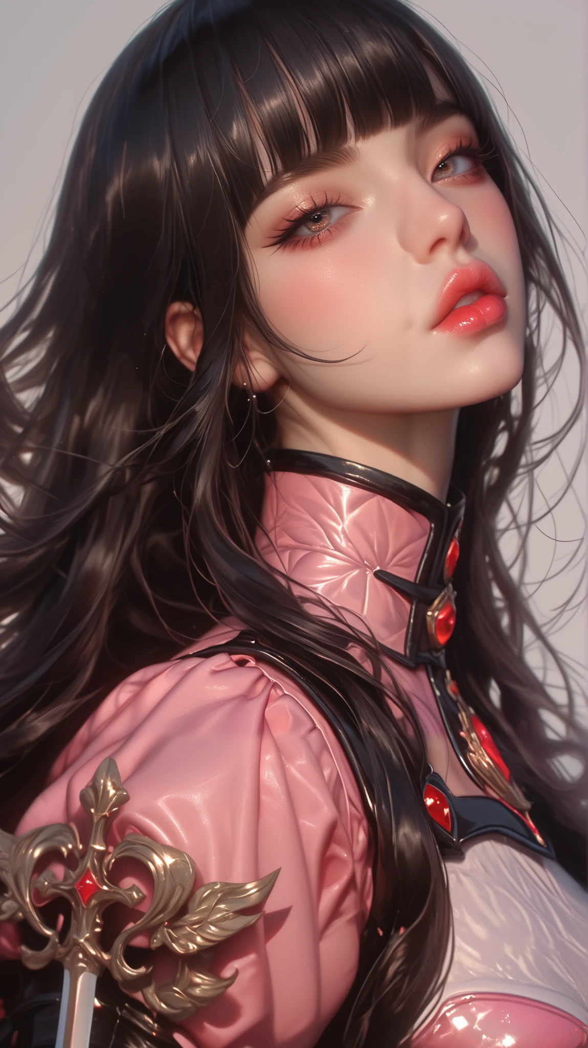 whole body、pink dress armor 、 Thick lips、depression、20 years old、woman、  black hair 、  red cheeks  、  pink lips、 long straight hair、Bob、hime cut、   simple background、whole body、 have swords、hair blowing in the wind、  solo shot with wide angle lens, 