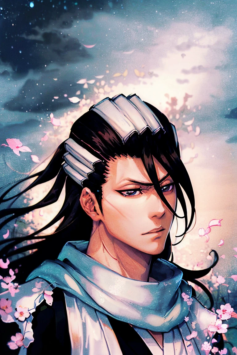 Portrait from afar, kuchiki byakuya  ( anime character from anime bleach ),  handsome man ,  Elegance , Confident,  dramatic composition ,  long black hair ,  Calm facial expression,  flowing scarf ,  black and white outfit , night sky,  flying sakura flowers  ( around character ),  mysterious atmosphere ,  cinematic perspective, no facial hair ,  Anime style 