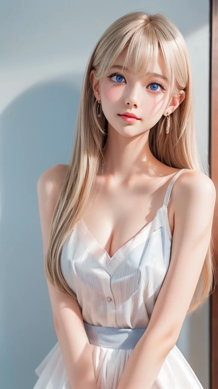 masterpiece、Highest quality、8k、Absurd、 (Upper Body:0.8)、(The dress with a large open chest area:1.8)、(milk:1.4) White-haired beautiful girl、choker、Earrings、Bangles、Cute face、Viewer's Eyes、smile、Ultra-realistic、High resolution、photograph、Film Grain、chromatic aberration、Sharp Focus、HDR、Face Light、Dynamic Lighting、Cinematic Lighting、Professional Shadows、Simple Background、(Dull background:1.4)、Most detailed、Very detailed、Ultra-detailed、Detailed explanation、Real Skin、Delicate facial features、Detailed face and eyes、Sharp pupils、Realistic pupils