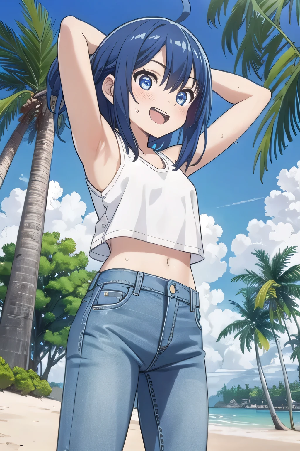 masterpiece,best quality,ultra detail, ((Perfect Face, Perfect Arms, Perfect hands, Perfect Fingers)), 1girl, , peti ((round face, ecstasy, orgasm face, drooping eyes, shame smiling, blush)), dropping eyes, sleepy, background((under the beach, (day:1.2), palm tree, bright sky)), Yanami anna, ahoge,medium hair,blue hair,sidelocks,blunt bangs,blue eyes, hair between eyes,parted bangs, blue eyes, arms behind head, contrapposto, spread armpits, looking at viewer,, (white tank top:1.2), (white crop top:1.2), (jeans pants:1.2, flares jeans:1.2, skinny jeans:1.2, blue jeans:1.2), standing, (legs spread:1.2), sex pose, Sweaty crotch, Steam from the crotch, from below, full medium body
