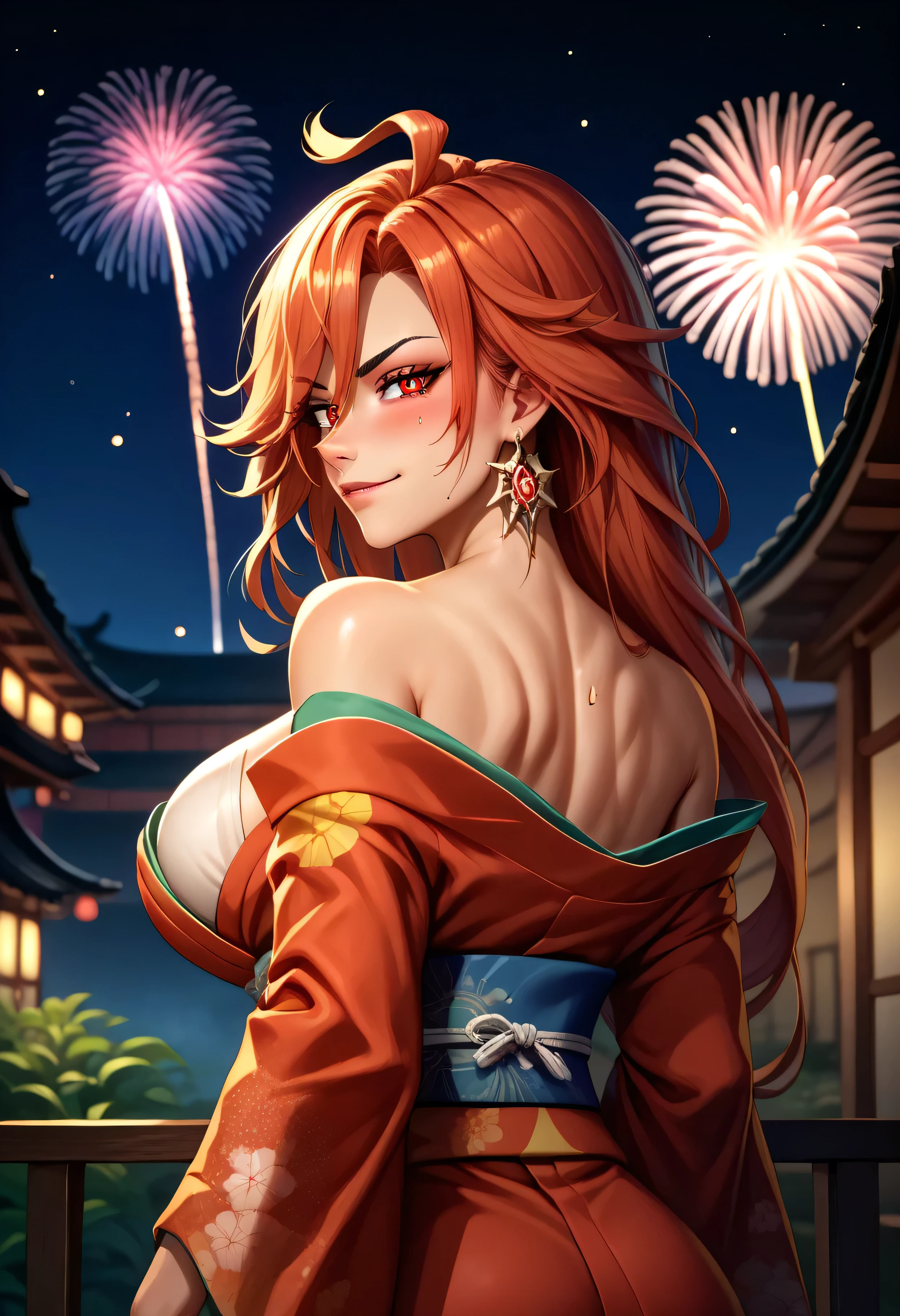 score_9, score_8_up, score_7_up, detailed, mavuika, symbol-shaped pupils, ahoge, red eyes, large breasts, earrings, long hair, looking front , from behind, off-shoulder kimono, smirk, blush, bare shoulders, rimlight, night, japanese clothes, fireworks, depth of field, sweat, impossible clothes, arms at sides,
