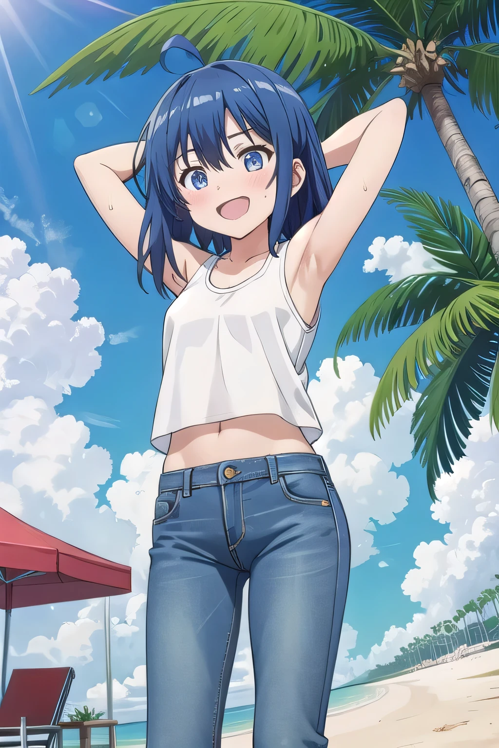 masterpiece,best quality,ultra detail, ((Perfect Face, Perfect Arms, Perfect hands, Perfect Fingers)), 1girl, , peti ((round face, ecstasy, orgasm face, drooping eyes, shame smiling, blush)), dropping eyes, sleepy, background((under the beach, (day:1.2), palm tree, bright sky)), Yanami anna, ahoge,medium hair,blue hair,sidelocks,blunt bangs,blue eyes, hair between eyes,parted bangs, blue eyes, arms behind head, contrapposto, spread armpits, looking at viewer,, (white tank top:1.2), (white crop top:1.2), (jeans pants:1.2, flares jeans:1.2, skinny jeans:1.2, blue jeans:1.2), standing, (legs spread:1.2), sex pose, Sweaty crotch, Steam from the crotch, from below, full medium body