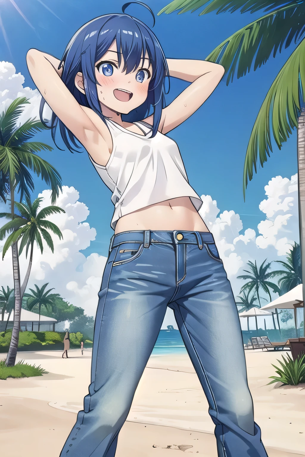 masterpiece,best quality,ultra detail, ((Perfect Face, Perfect Arms, Perfect hands, Perfect Fingers)), 1girl, 14yo, petite, ((round face, ecstasy, orgasm face, drooping eyes, shame smiling, blush)), dropping eyes, sleepy, background((under the beach, (day:1.2), palm tree, bright sky)), Yanami anna, ahoge,medium hair,blue hair,sidelocks,blunt bangs,blue eyes, hair between eyes,parted bangs, blue eyes, arms behind head, contrapposto, spread armpits, looking at viewer,, (white tank top:1.2), (white crop top:1.2), (jeans pants:1.2, flares jeans:1.2, skinny jeans:1.2, blue jeans:1.2), standing, (legs spread:1.2), sex pose, Sweaty crotch, Steam from the crotch, from below, full medium body