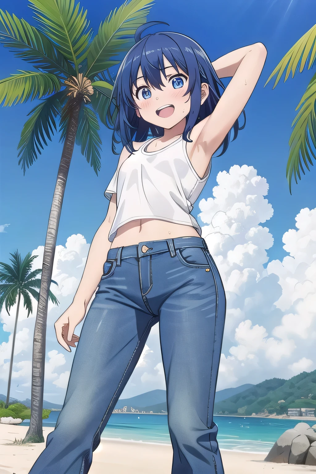 masterpiece,best quality,ultra detail, ((Perfect Face, Perfect Arms, Perfect hands, Perfect Fingers)), 1girl, , peti ((round face, ecstasy, orgasm face, drooping eyes, shame smiling, blush)), dropping eyes, sleepy, background((under the beach, (day:1.2), palm tree, bright sky)), Yanami anna, ahoge,medium hair,blue hair,sidelocks,blunt bangs,blue eyes, hair between eyes,parted bangs, blue eyes, arms behind head, contrapposto, spread armpits, looking at viewer,, (white tank top:1.2), (white crop top:1.2), (jeans pants:1.2, flares jeans:1.2, skinny jeans:1.2, blue jeans:1.2), standing, (legs spread:1.2), sex pose, Sweaty crotch, Steam from the crotch, from below, full medium body