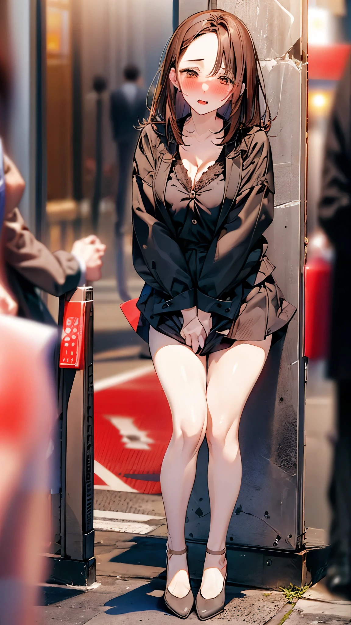 Skirt lift,Yuri,kiss,((smartphone)),2 girls,forehead,cleavage:0.8,Full body,brown hair girl,japanese,22year old,bob,professional attire, tailored suit, tight skirt, high heels, black jacket, White shirt,seductive,