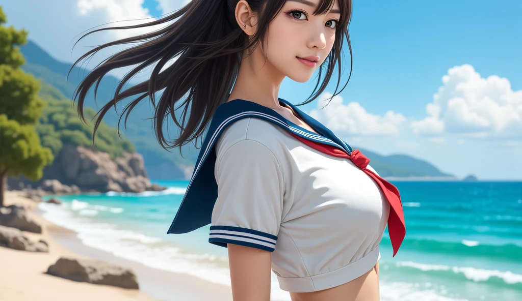 (masterpiece), (best quality), (light dark skin:1.4), 1girl, solo, looking at viewer, smile, beach, (sailor high leg bikini)