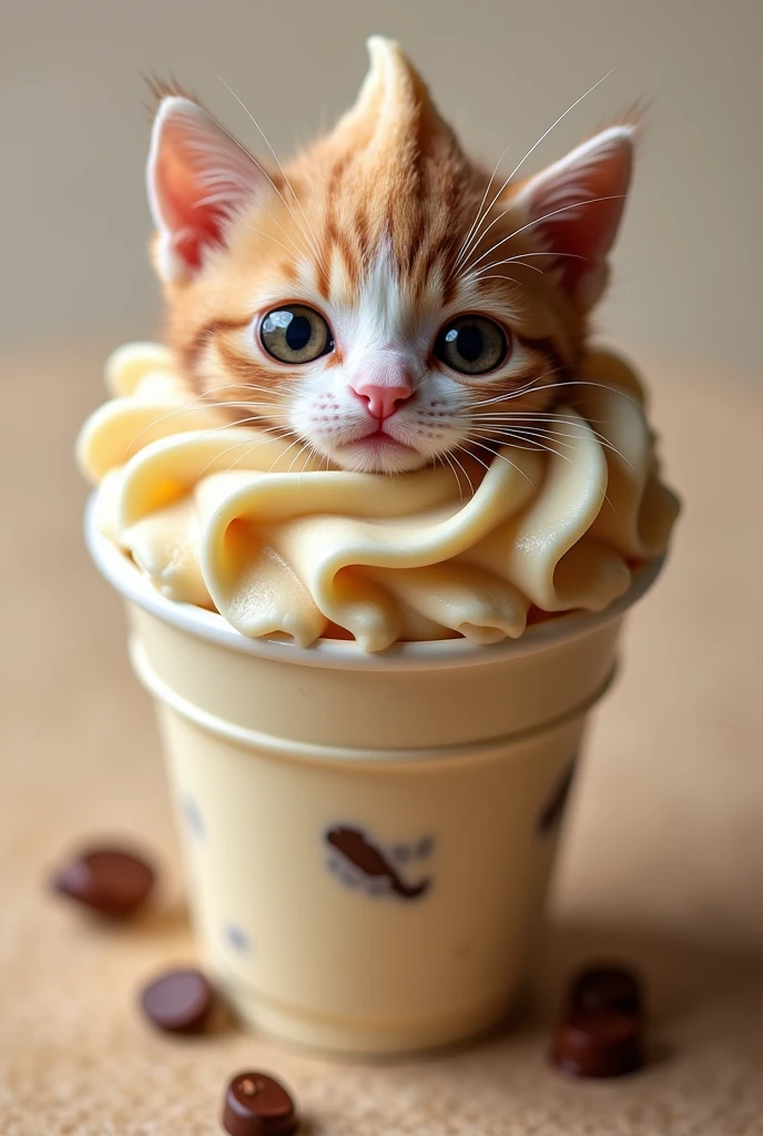 creamy vanilla and chocolate swirl ice cream, with smooth and detailed textures. Gradually, the swirls start to subtly shift, and a tiny kitten’s fur pattern begins to emerge, until finally, the dessert transforms completely into an ultra-cute kitten smiling up at the camera.”