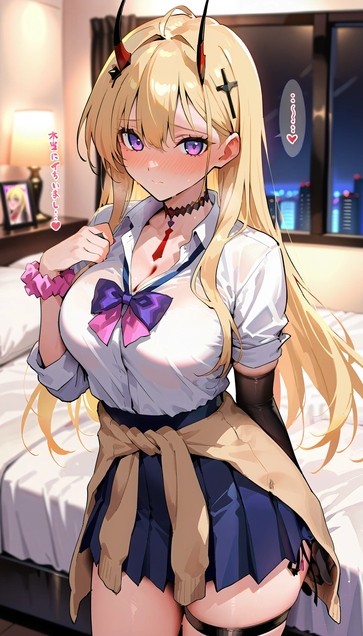 masterpiece, beautiful woman, adult female, cute, kumano , purple eyes, blonde hair, long hair, sidelocks,  they horns, cross hair ornament, choker, white shirt, collared shirt, sleeves rolled up, cleavage, purple bow, loose bowtie, wrist scrunchie, single elbow glove, black glove, blue skirt, pleated skirt, miniskirt, side-tie peek, single thigh strap, Cardigan around waist, score_9, score_8_up, score_7_up, , rating_ general , beige Cardigan, Beige sweater, black choker,  black necktie, black skirt, Cardigan, Cardigan around waist, source_anime, cowboy shot, full portrait, hair between eyes, (slim, slender body, tight waist, toned body), (indoor, Love Hotel , bed, dim), full-face blush、speech bible, (lovely face, embarrassed, full blush, loving you, snout), lovely hearts:1.4, (1man,  About to kiss,  bring her face closer), side view:1.2