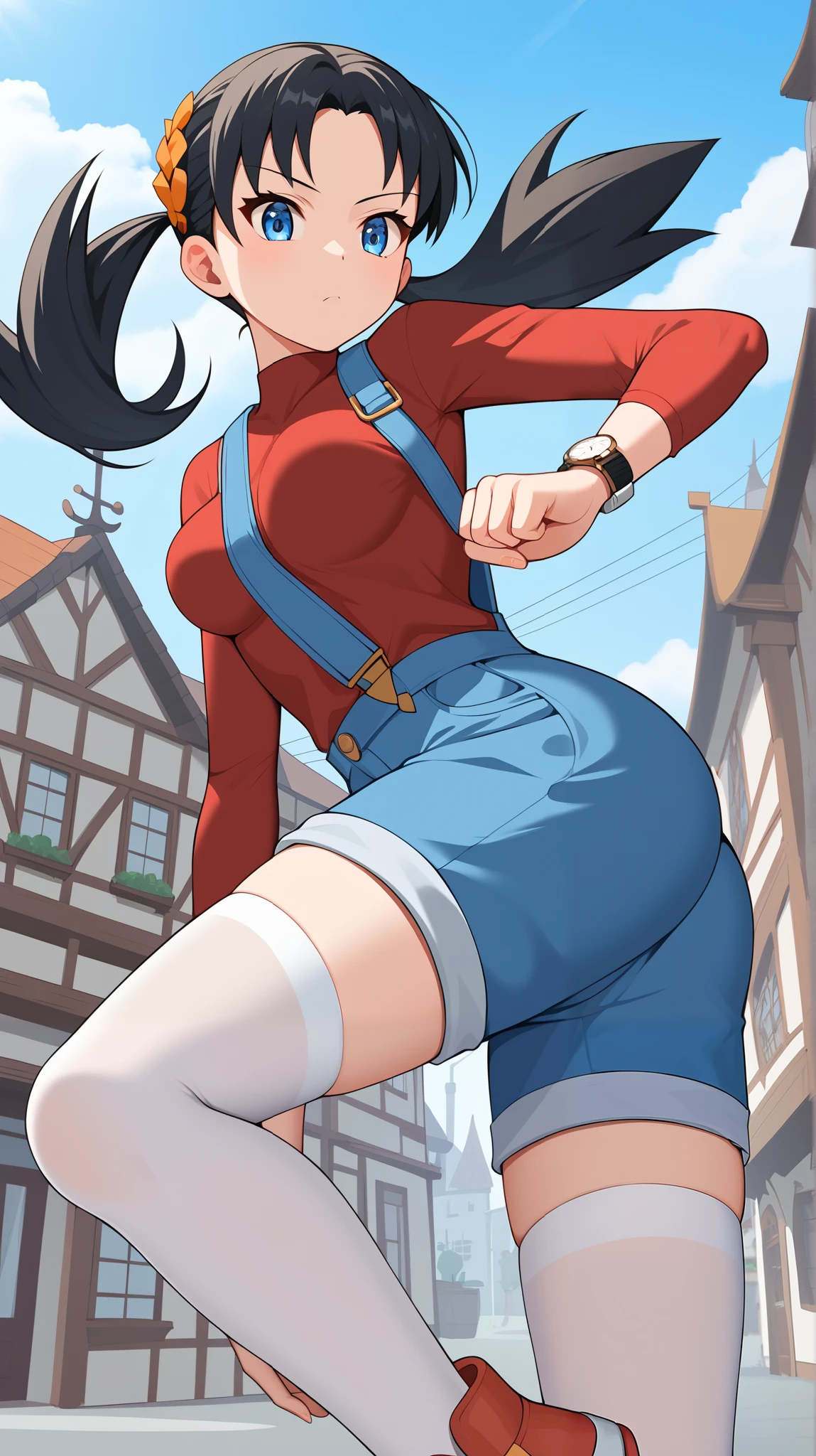 (( top quality)), ((masterpiece)), (( Details)), 1girl, blue-black hair color,  twin tails,  long hair,  blue eyes, red long sleeve shirt , blue shorts overalls,  white knee-high stockings reflective on glass floors,  absolute domain,  thighs, orange laces ,  Tall,  anime coloring book,  Watch Viewers , 1 Female, Age 18,  is standing, whole body,  dynamic pose,  high kick,  slim figure,  serious expression, Ample breasts, town,  score_9,  score_8_Excellent,  score_7_Excellent,  score_6_Excellent,  source_Anime,  cell shading ,  flat color, vector, Two legs, two arms,
