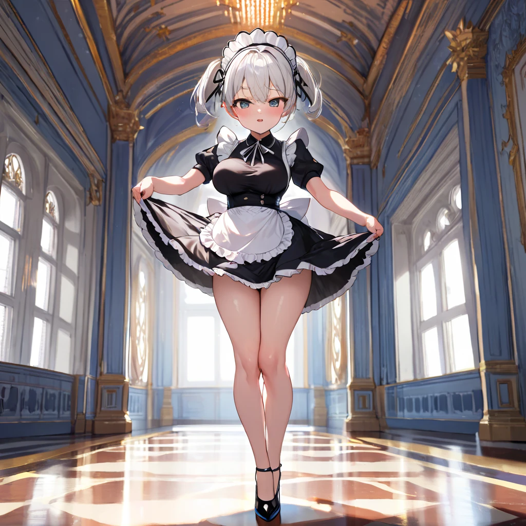 hall of royal palace, landscape, BREAK, beautiful detailed face, ultra high resolution, masterpiece, BREAK, (solo), (1 ***ite maid standing:1.2), tiptoe, curtsey, both hands lifting short skirt up to both sides, arched back, (bouncing breasts), looking at viewer, BREAK, (large breasts), (too short torso:1.2), (too short waist:1.2), (too narrow skinny waist:1.2), skinny legs, (long legs), BREAK, black maid dress, (too short high-waist skirt), stiletto heels, BREAK, nsfw, show off white string panty, show off cameltoe, pussy juice