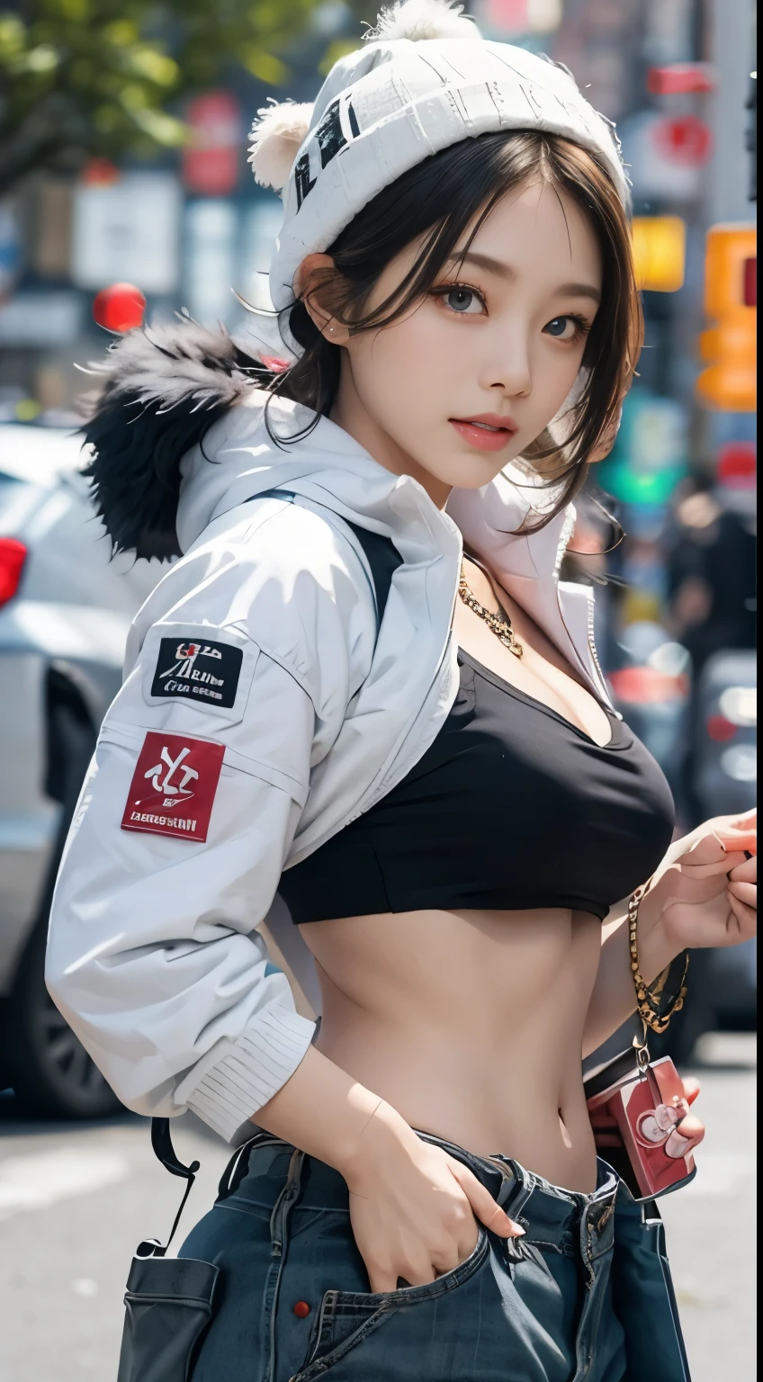 a bikini girl on street, black bikini, leg strap, cropped hoodie, black bikini, long sleeves, detailed face, beautiful eyes, beautiful lips, cleavage, smiling, night street, no bag, (RAW photos, top quality, realistic, photorealistic: 1.3, professional lighting, masterpiece, very delicate and beautiful, highly detailed, CG, unity, fine details, highly detailed 8k wallpaper, huge file size, super detail, high resolution)