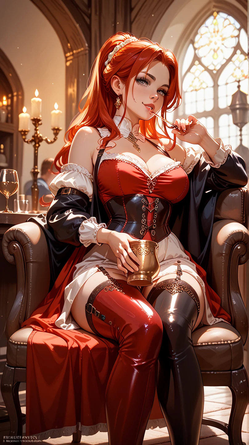 Terror Theme // crimson long hair // gigantic boobs // tattoo on left hand // skirt and long sleeve blouse // boots with high heels // pentagram necklace // blue eyes // young woman // sitting on a restaurant chair