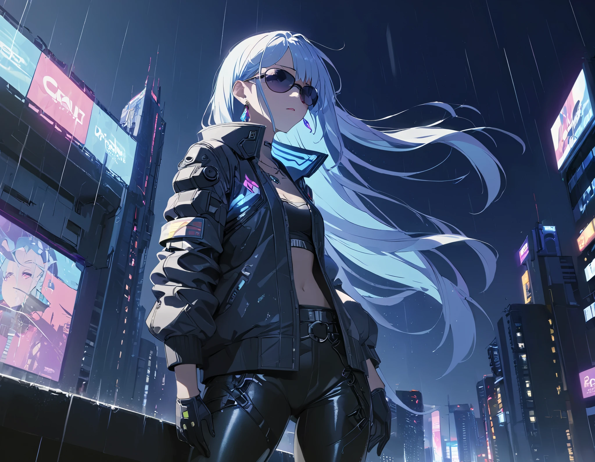 (((Best quality, 8k, Masterpiece: 1.3)), ((best quality)), ((masterpiece)), (detailed), perfect face, cyberpunk, jacket, leather pants, cybercity, night, light blue hair, sunglasses, crystal earrings, Futurism, cinematic lighting, ray tracing, backlighting, very long hair, crystal hair, expressive hair, acid rain, Air pollution, loneliness, Solitude, Mechanical gloves